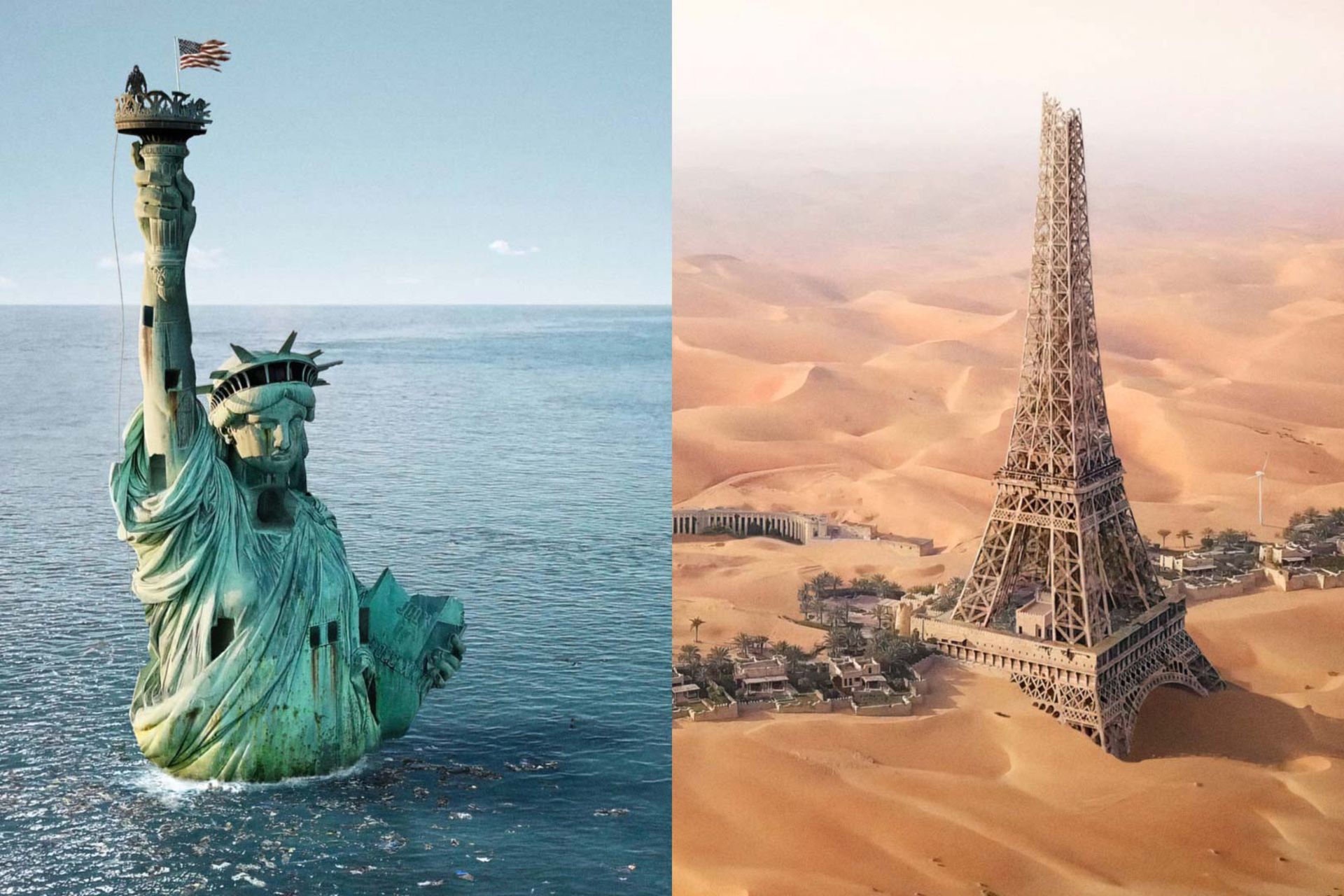 تصویرسازی از تندیس آزادی در زیر آب و برج ایفل مدفون در خاک