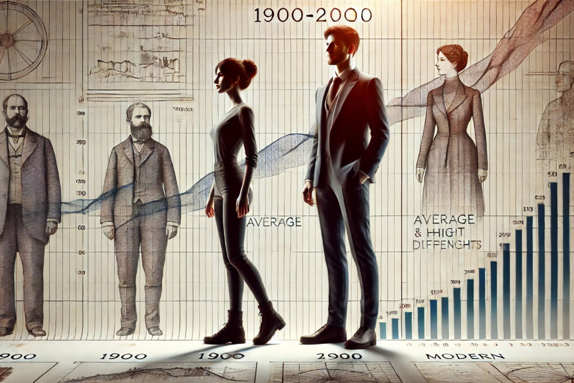 تصویرسازی داده‌های نشان‌دهنده افزایش میانگین قد و تفاوت وزن بین مردان و زنان در طول قرن گذشته