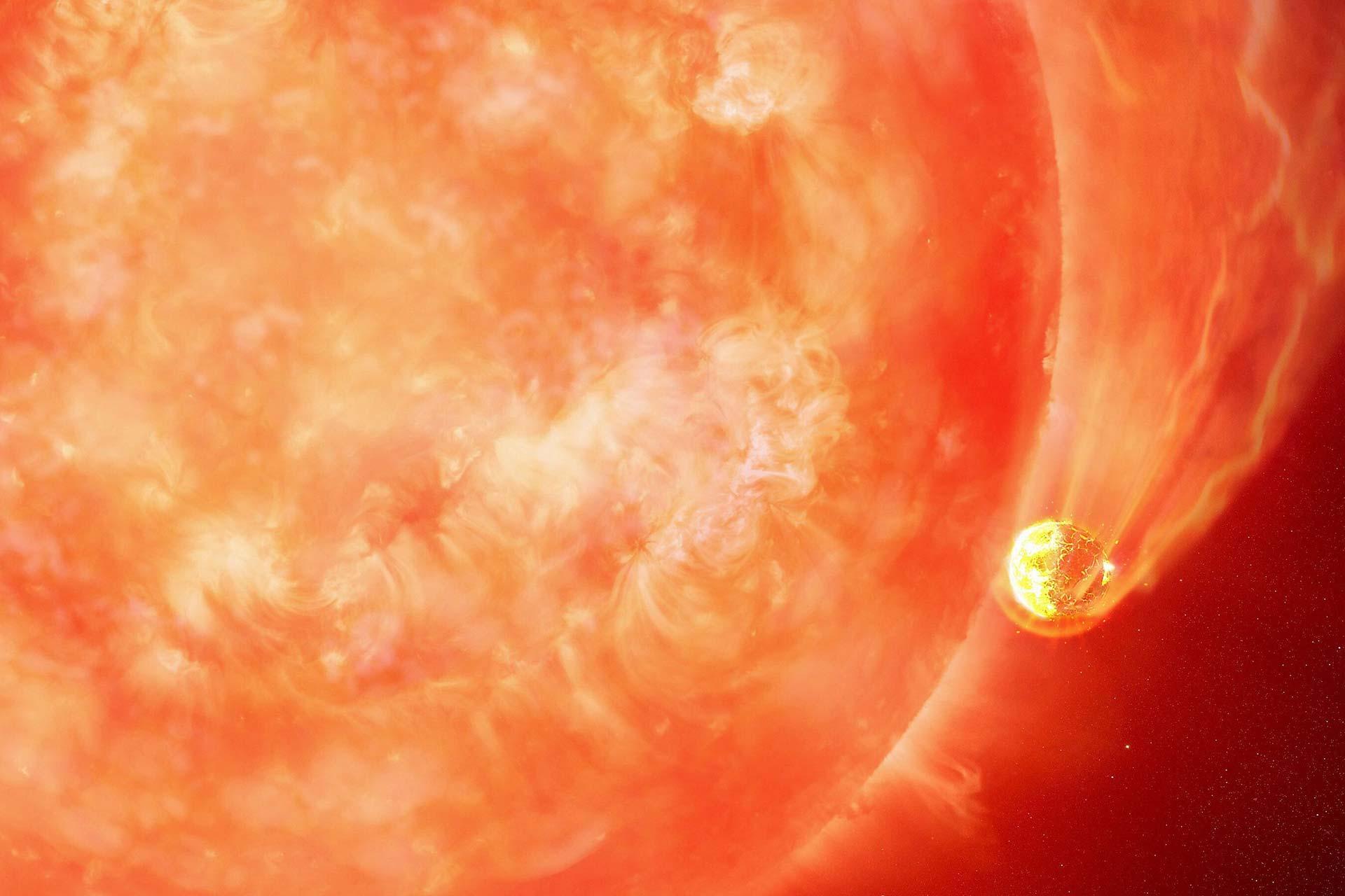 تصویرسازی از ستاره‌ای آتشین در حال بلعیدن سیاره‌اش