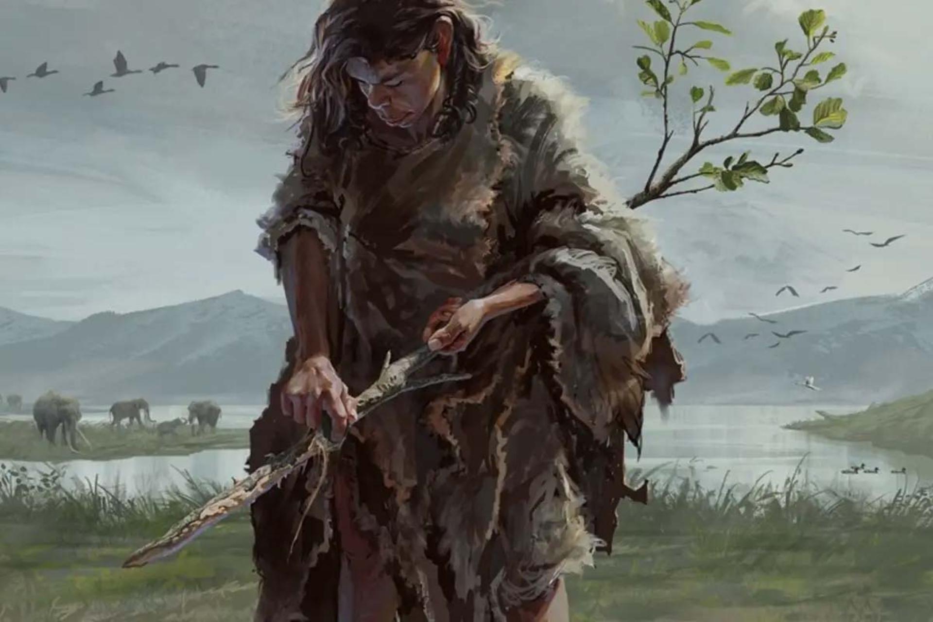 تصویرسازی هنری از زنی ماقبل‌تاریخ که ابزار چوبی در دست دارد