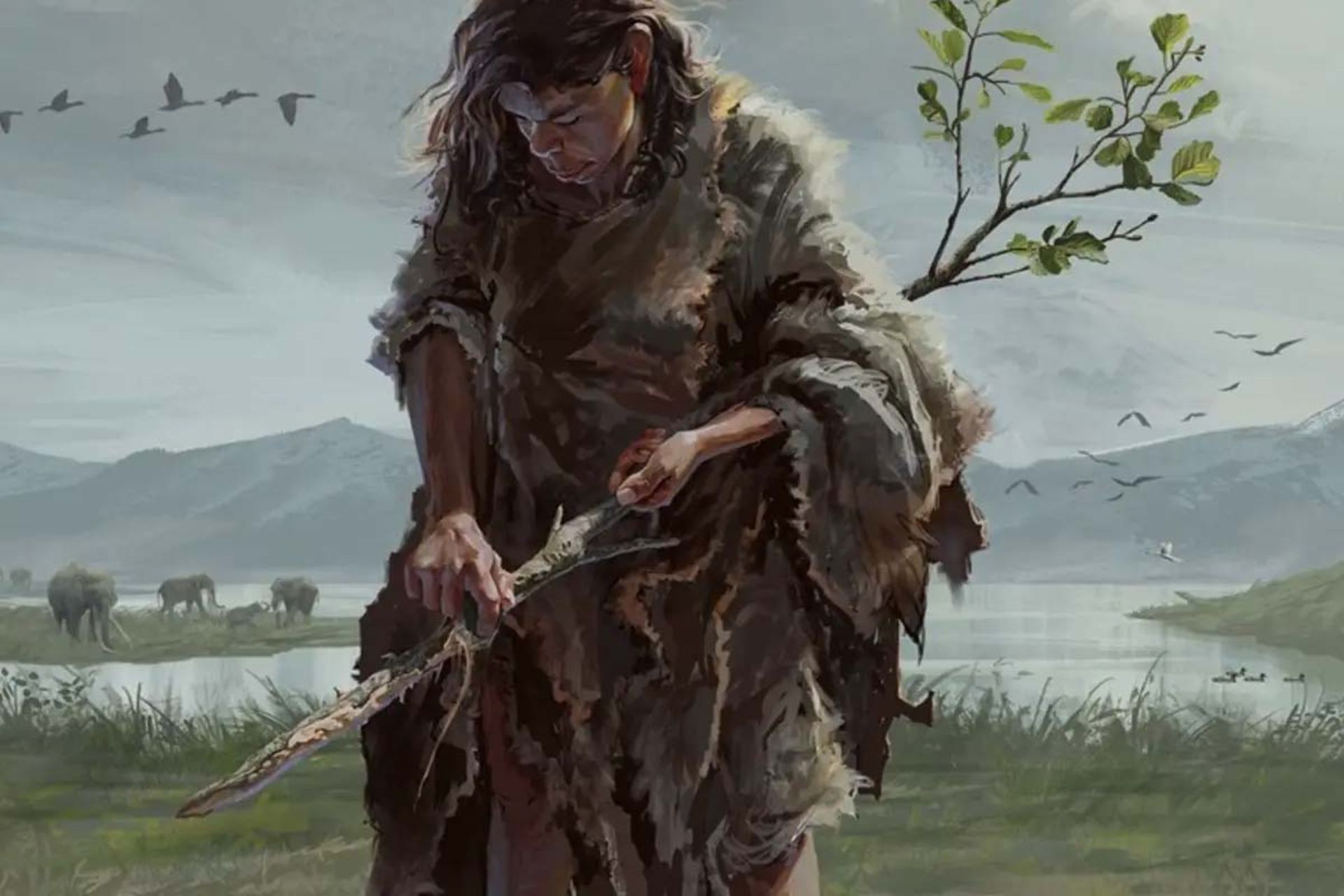 تصویرسازی هنری از زنی ماقبل‌تاریخ که ابزار چوبی در دست دارد