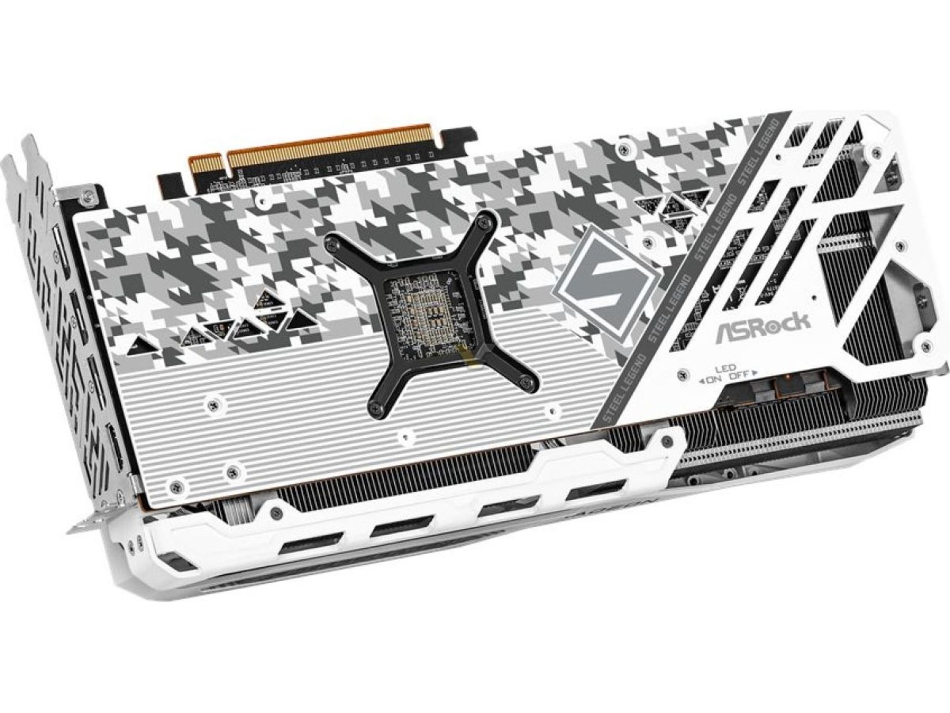 کارت گرافیک سفارشی دوفنه‌ی AMD مدل Radeon RX 7900 GRE ساخت ازراک از نمای پشت رنگ سفید
