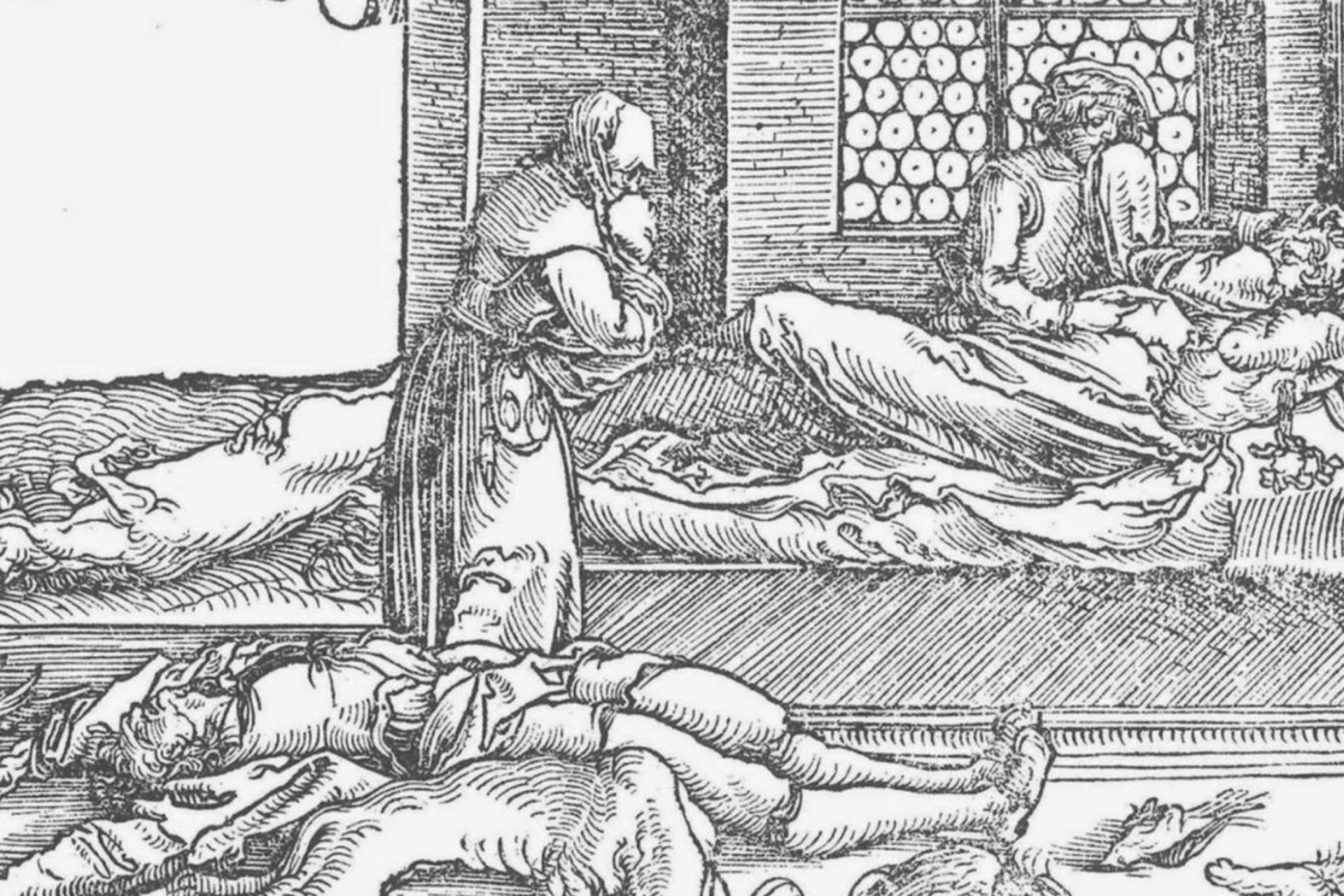 حکاکی روی چوب از بیماران طاعون در حال مرگ 