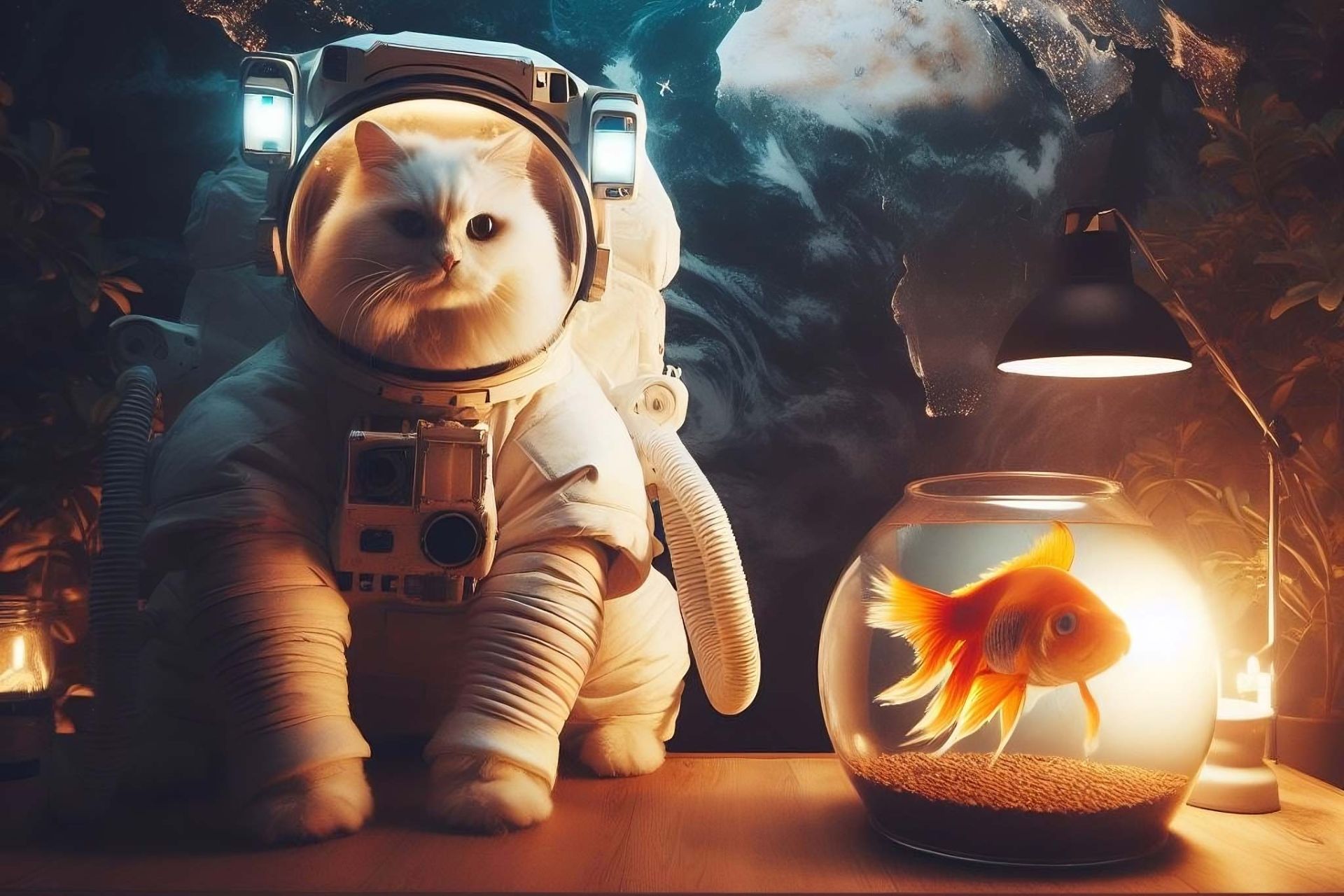 تصویرسازی از گربه فضانورد و ماهی در تنگ و کره زمین در پس‌زمینه