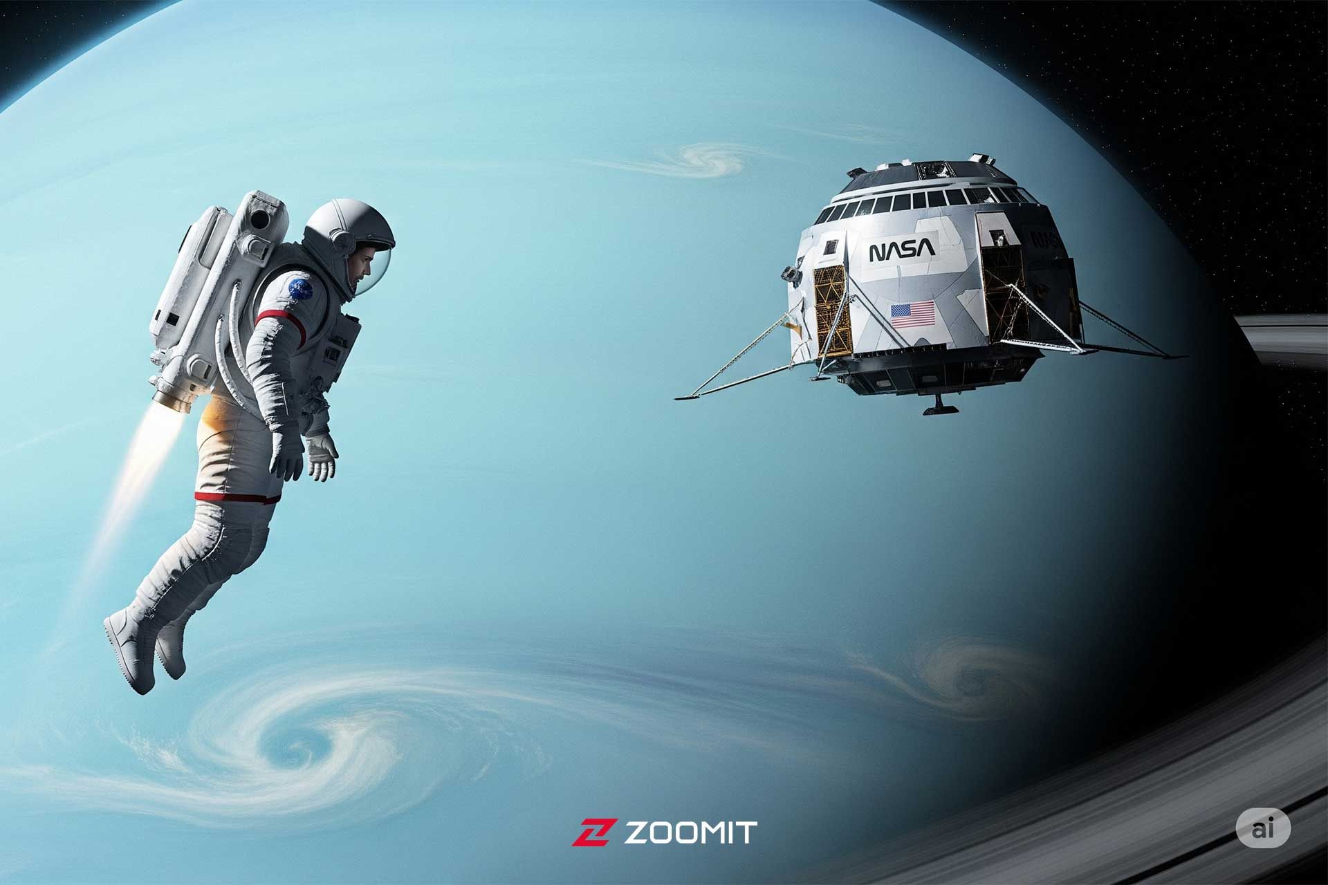 تصویرسازی از فضانورد مجهز به جت‌پک درحال تلاش برای فرود روی سیاره اورانوس