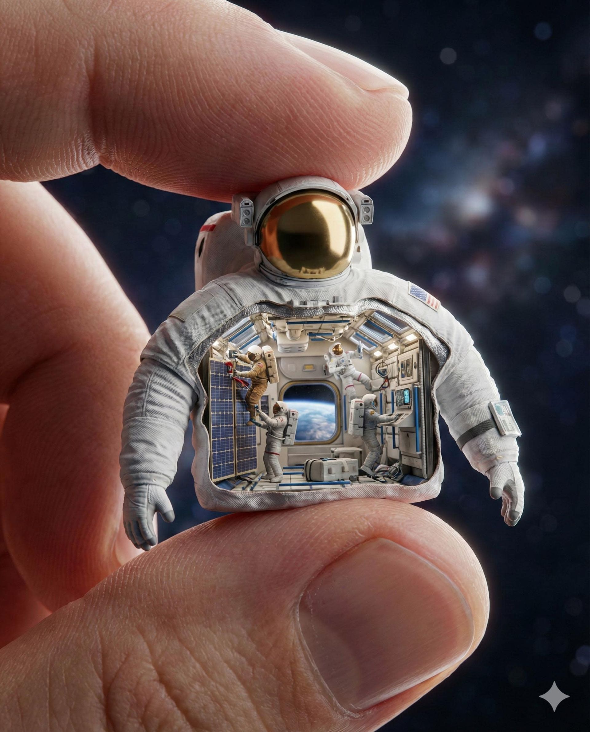 یک لباس فضانوردی با دیورمای فضانوردان در حال کار 