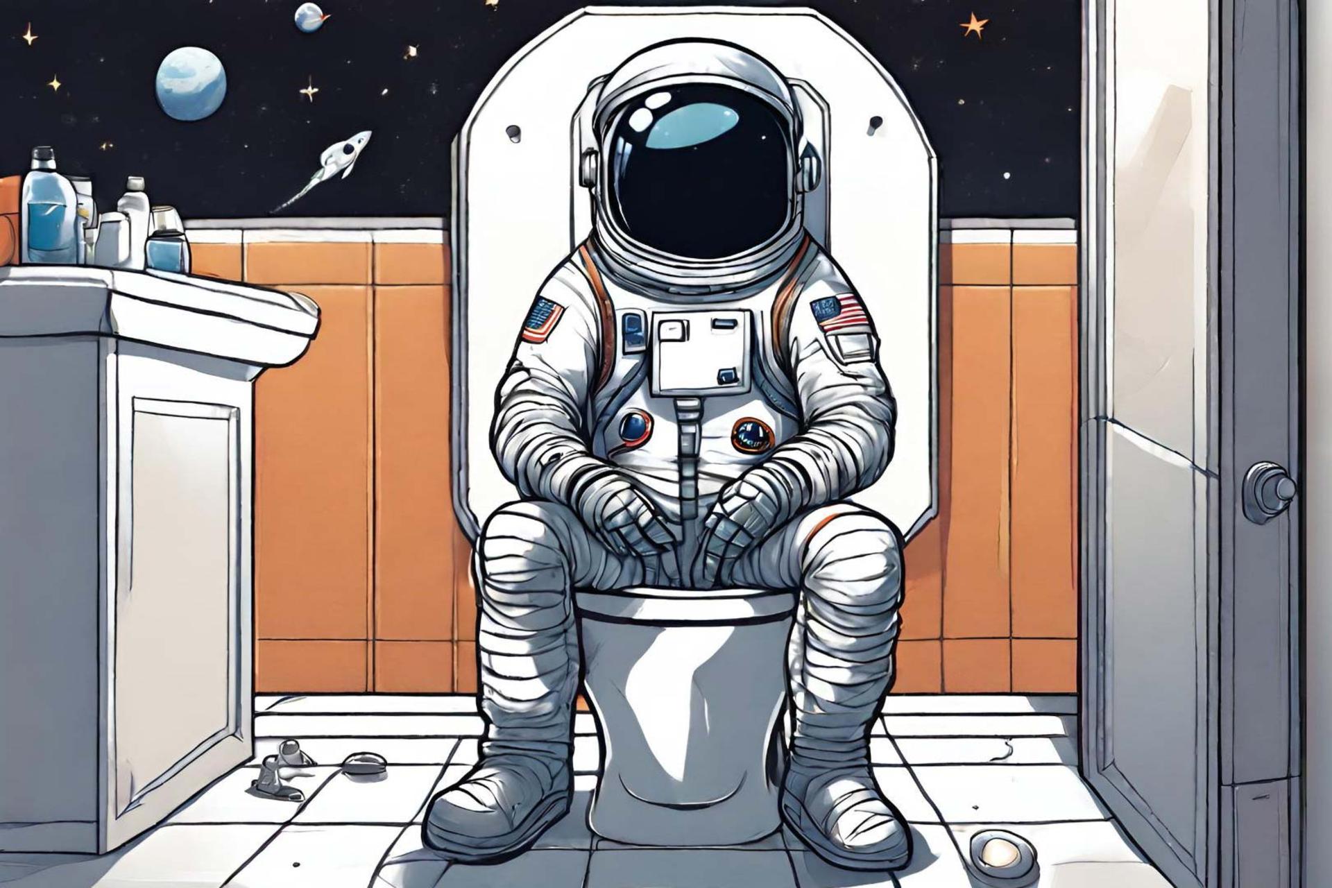 تصویرسازی از فضانورد درحال استفاده از توالت در فضا