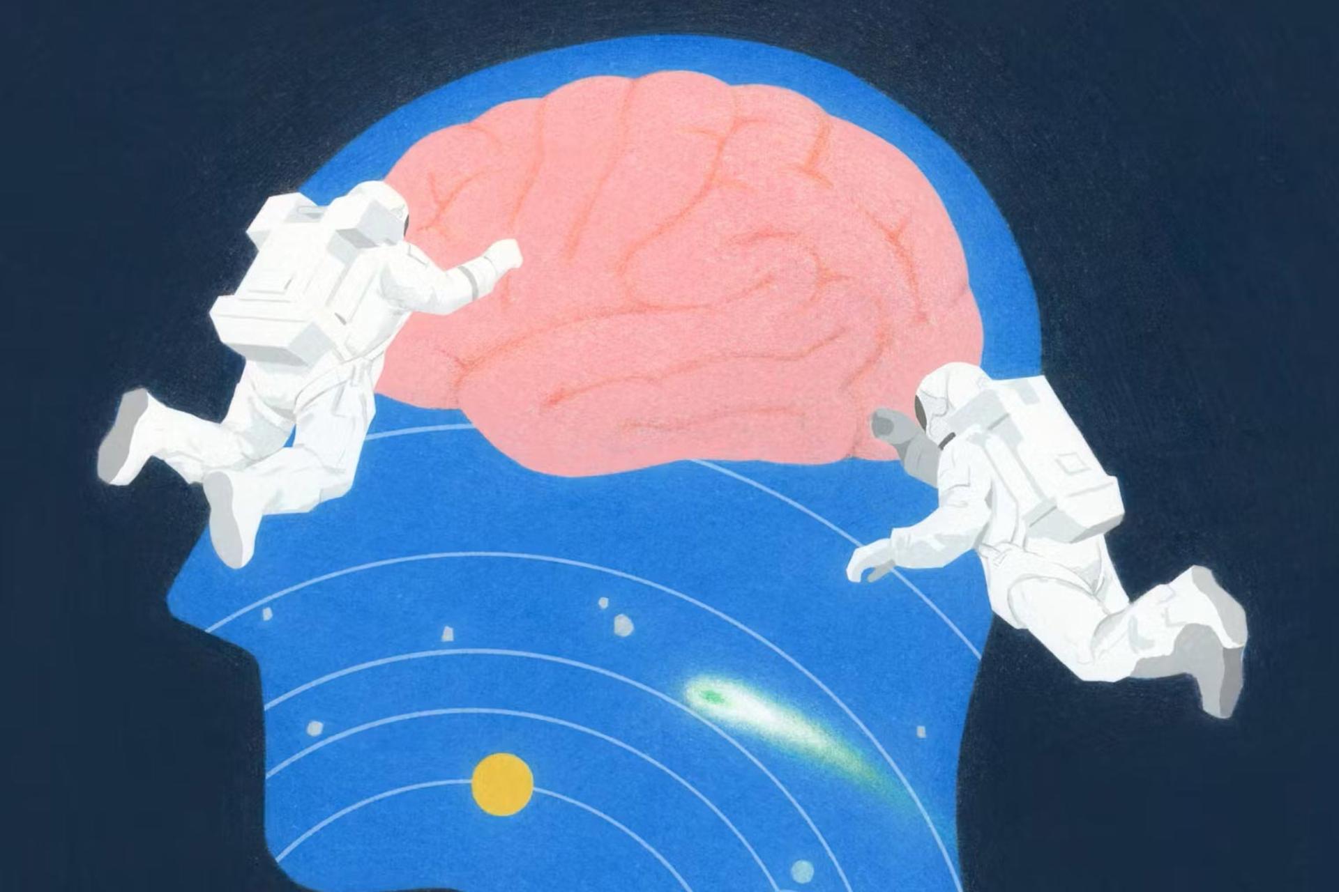 تصویرسازی از دو فضانورد درمقابل مغز بزرگ انسان