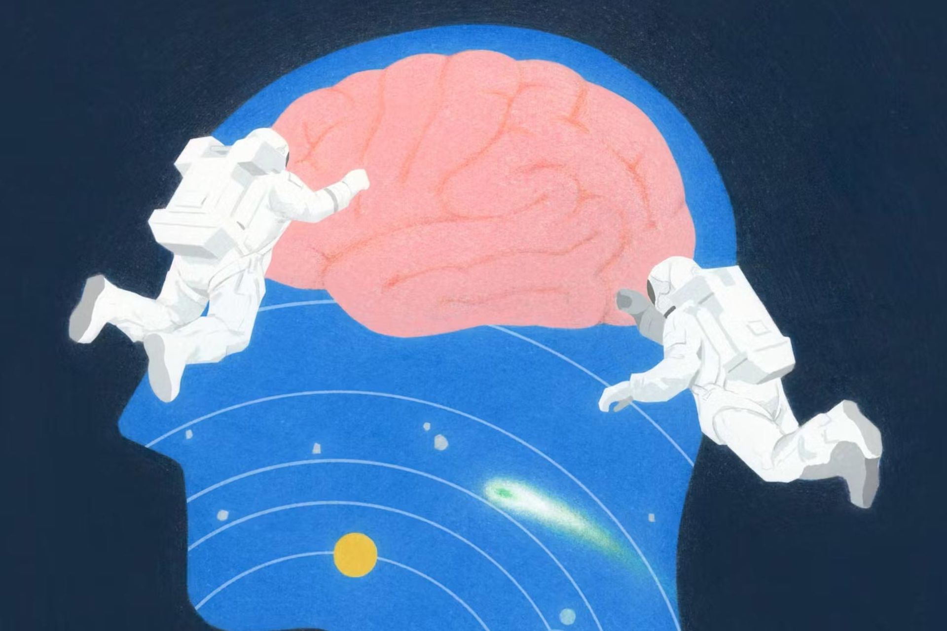 تصویرسازی از دو فضانورد درمقابل مغز بزرگ انسان