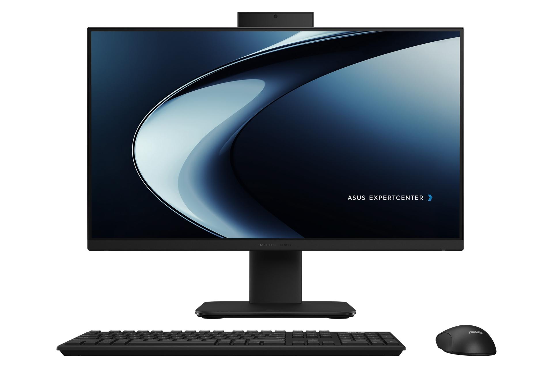 نمای جلوی کامپیوتر همه کاره ExpertCenter P400 AiO P440VA ایسوس با نمایشگر روشن و نمایش لوگو، وبکم و ماوس و کیبورد رنگ مشکی