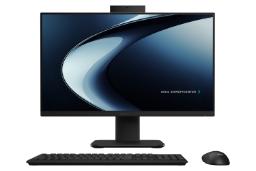 نمای جلوی کامپیوتر همه کاره ExpertCenter P400 AiO P440VA ایسوس با نمایشگر روشن و نمایش لوگو، وبکم و ماوس و کیبورد رنگ مشکی