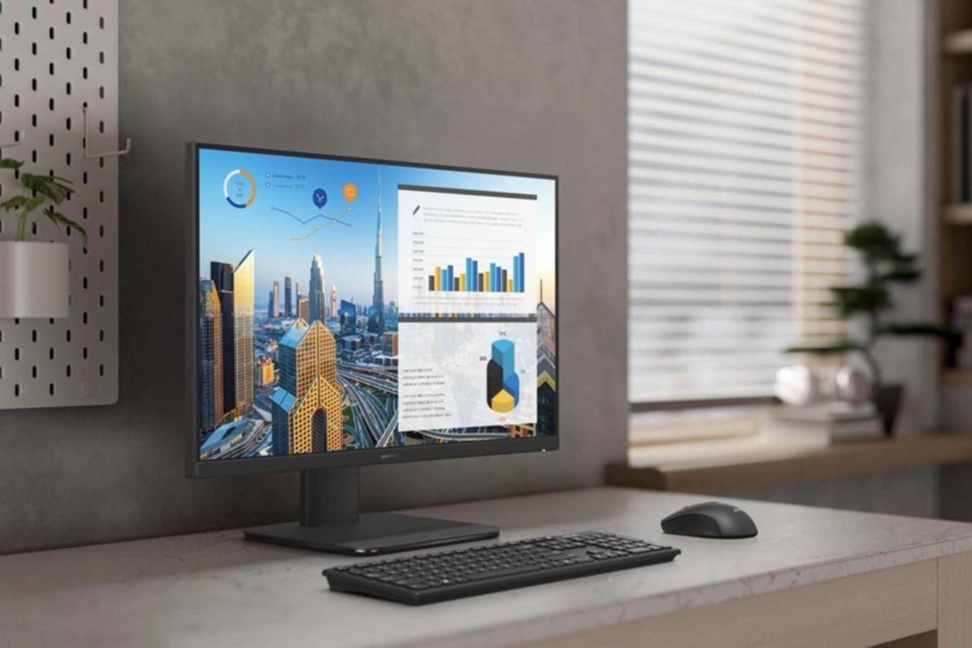 نمای جلو آل‌این‌وان ایسوس اکسپرت‌بوک P600 AIO روی میز کنار کیبورد و ماوس