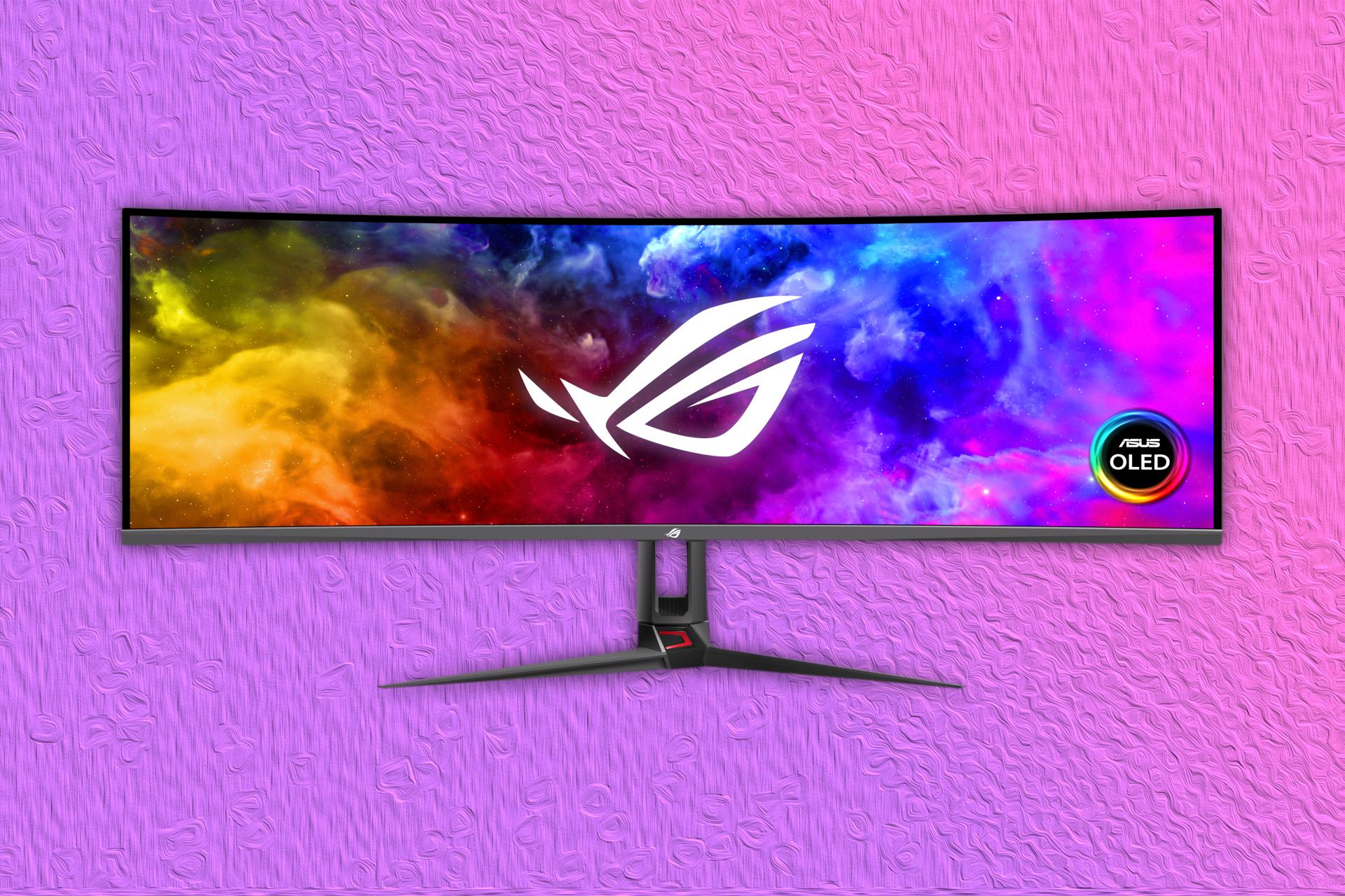 مانیتور ASUS ROG Swift OLED PG49WDCD از روبه‌رو در بکگراند بنفش