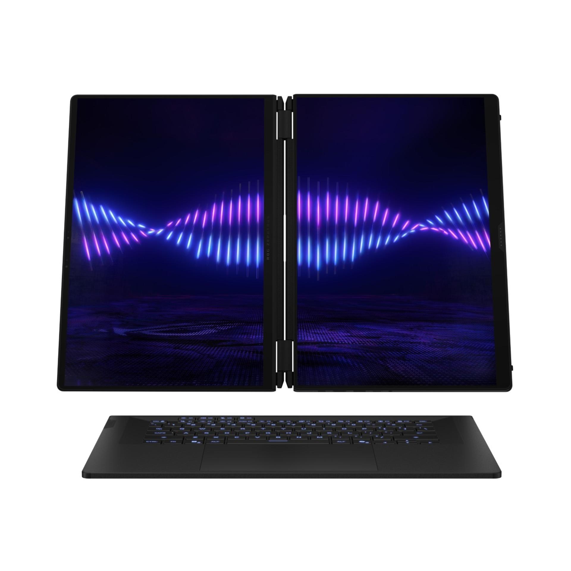 نمای جلو لپ‌تاپ ایسوس ROG Zephyrus Duo 2026 حالت باز کنار هم