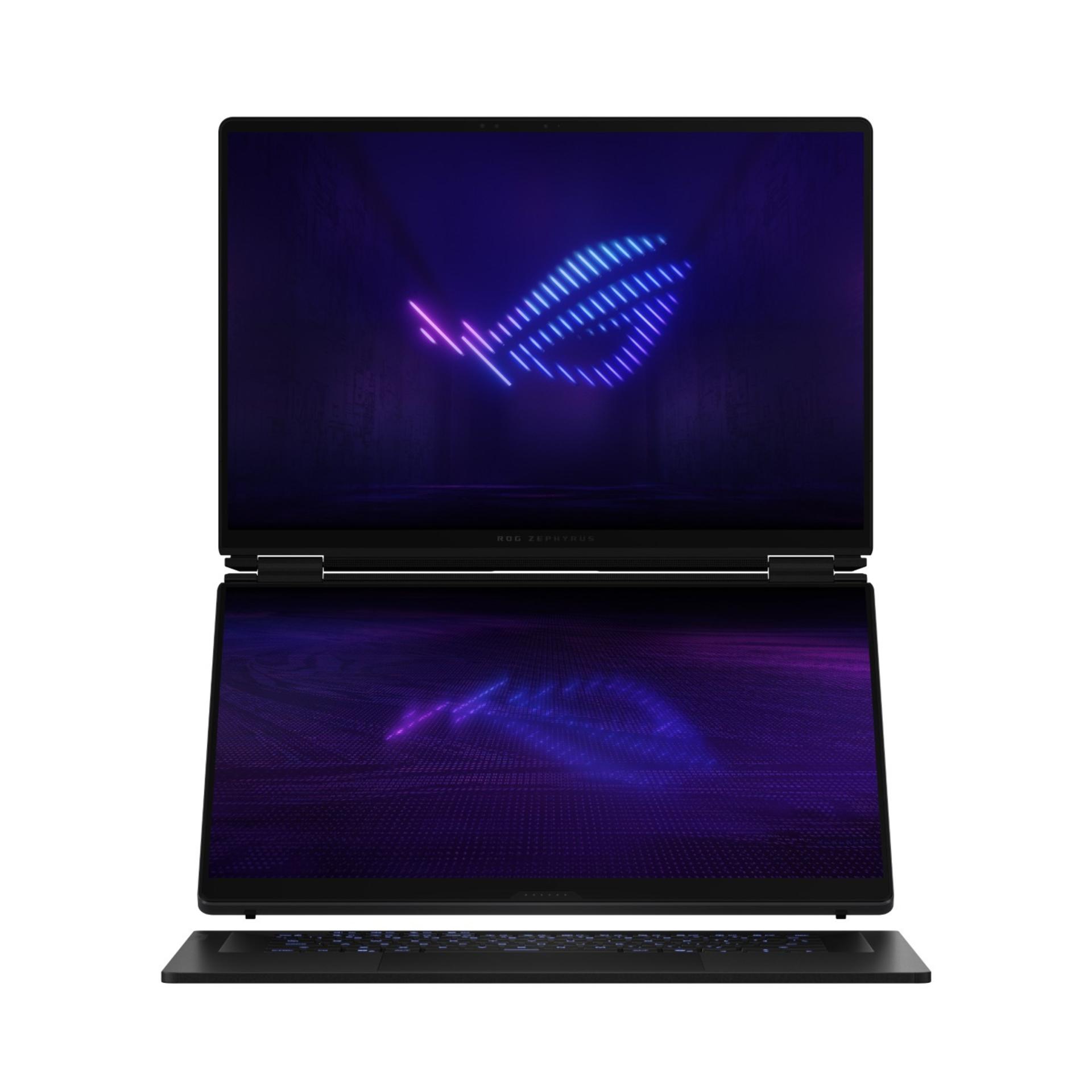 نمای جلو لپ‌تاپ ایسوس ROG Zephyrus Duo 2026 حالت باز کنار هم