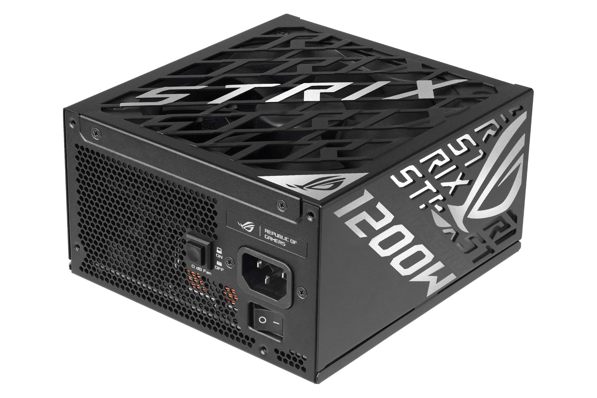 نمای نیمرخ پاور کامپیوتر ایسوس ROG STRIX 1200W Platinum با توان 1200 وات با نمایش پنل زیر، کناری و پشت