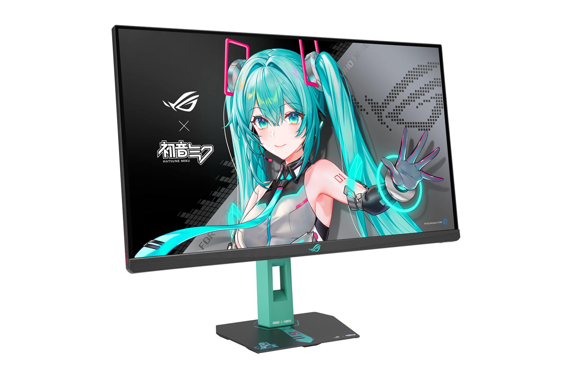 مانیتور ایسوس ASUS ROG Strix XG27ACMEG-G Hatsune Miku Edition نمای جلو و چپ