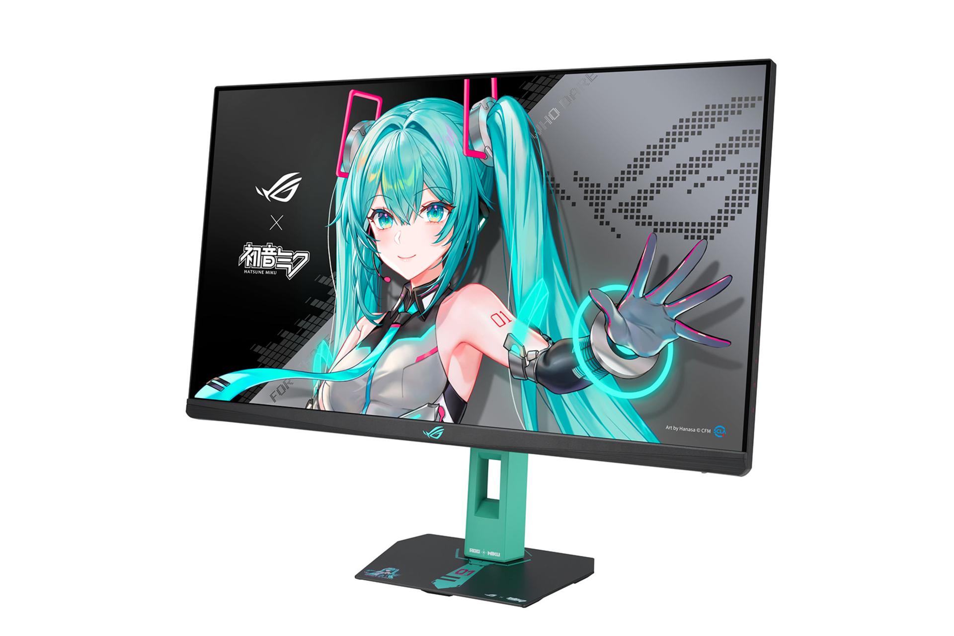 مانیتور ایسوس ASUS ROG Strix XG27ACMEG-G Hatsune Miku Edition نمای جلو و راست