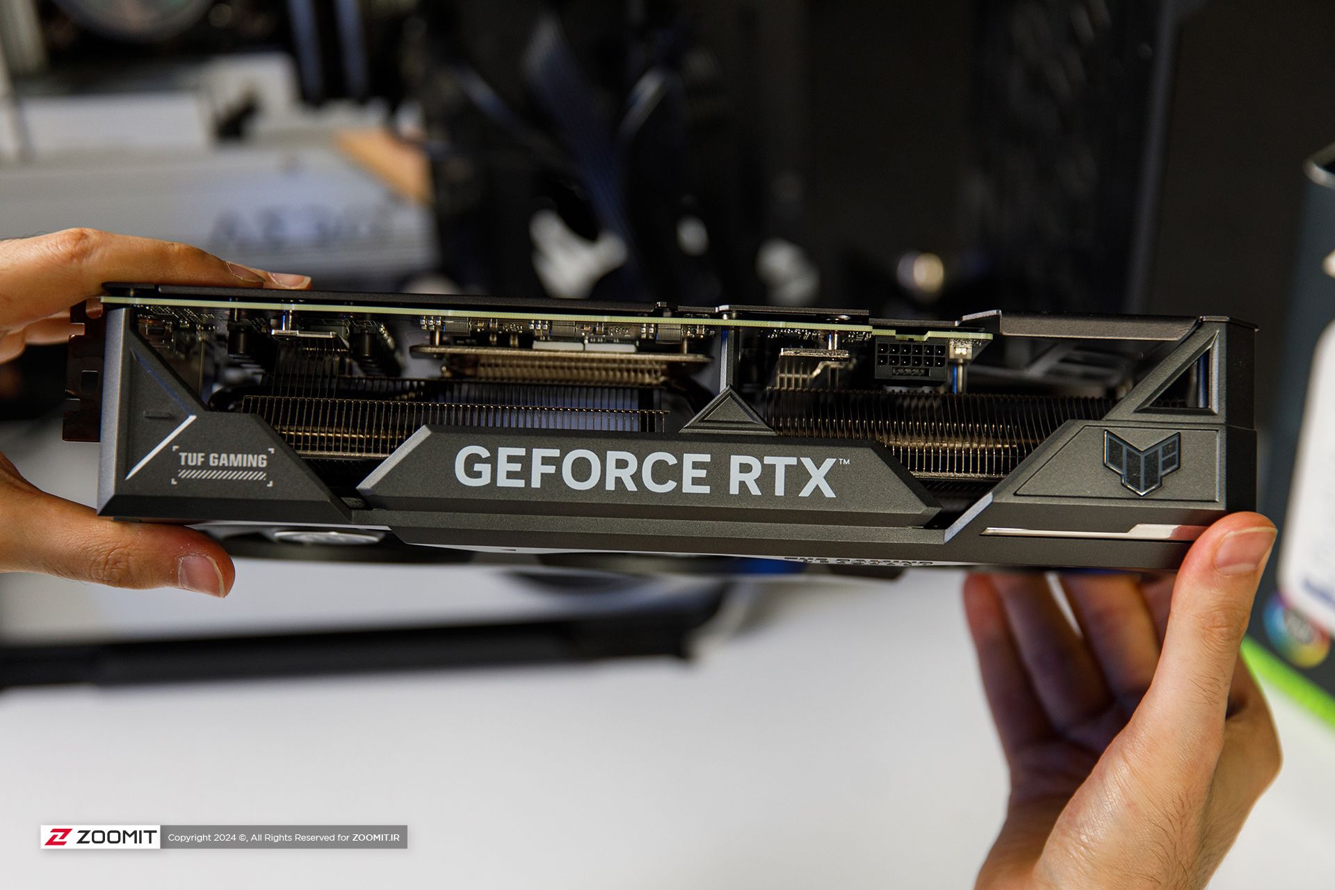 The logo on the body of the ASUS TUF RTX 4070 Ti Super OC graphics card