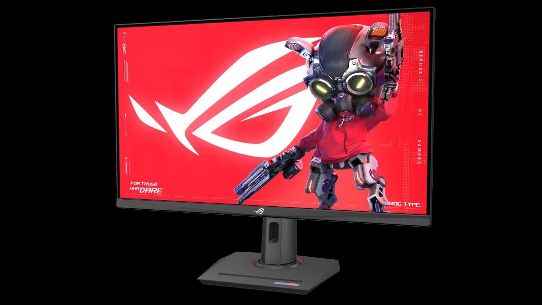 نمای جلو مانیتور گیمینگ ROG ایسوس در حال نمایش شخصیت خیالی