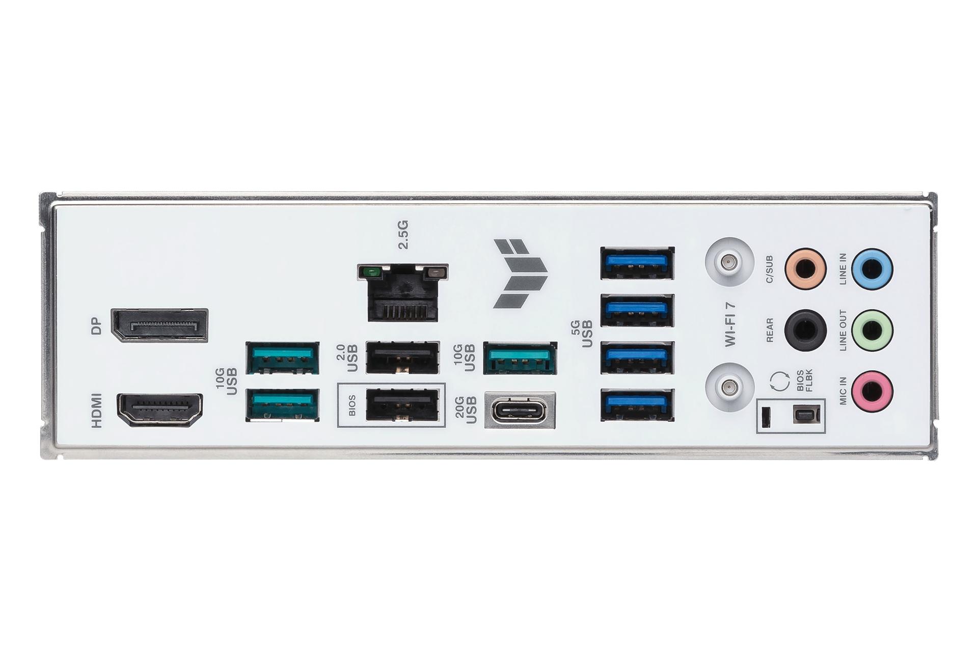 نمای اتصالات و درگاه‌های مادربرد ایسوس TUF GAMING B850-BTF WIFI W
