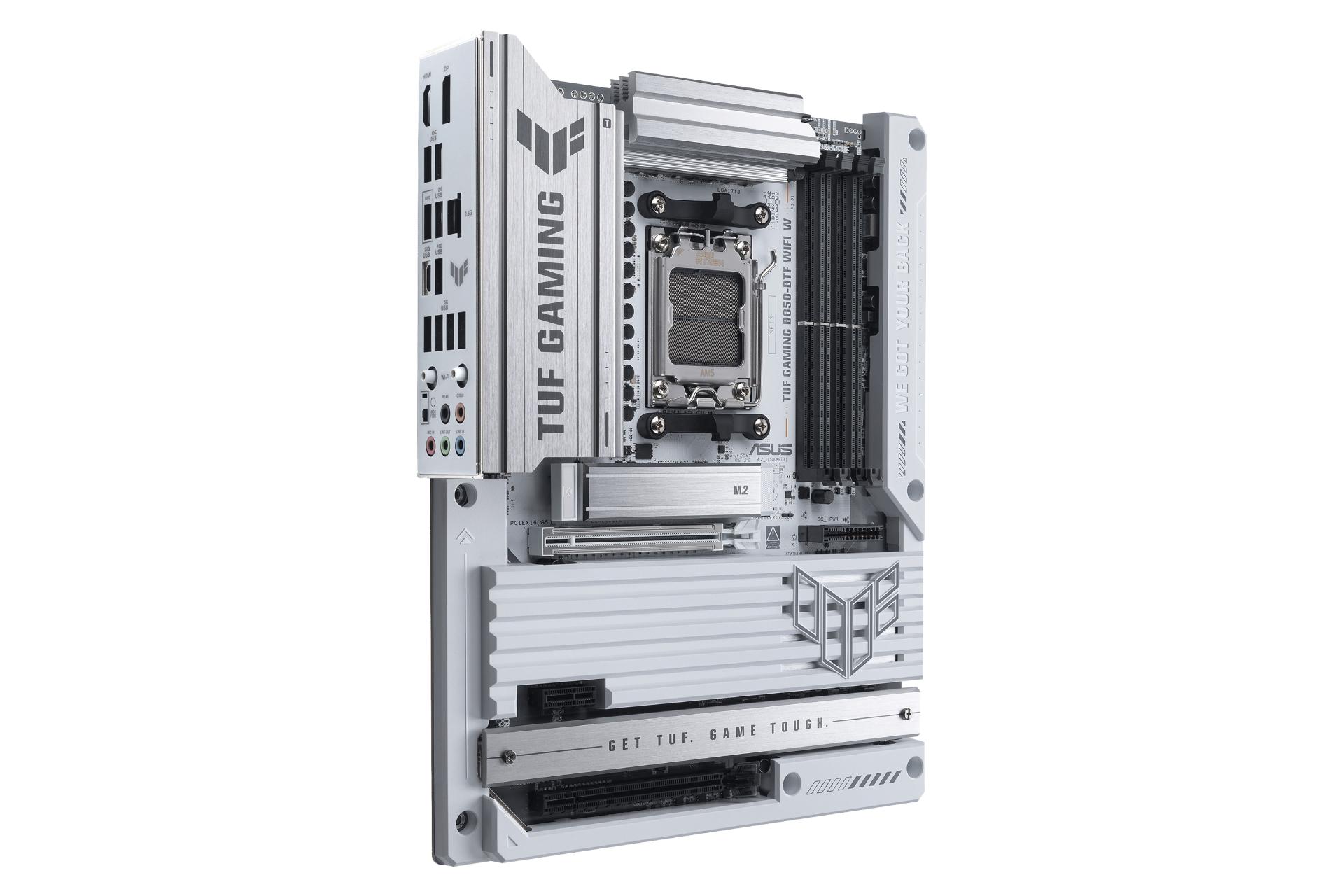 نمای نیمرخ مادربرد ایسوس TUF GAMING B850-BTF WIFI W با نمایش لبه سمت چپ و درگاه‌ها