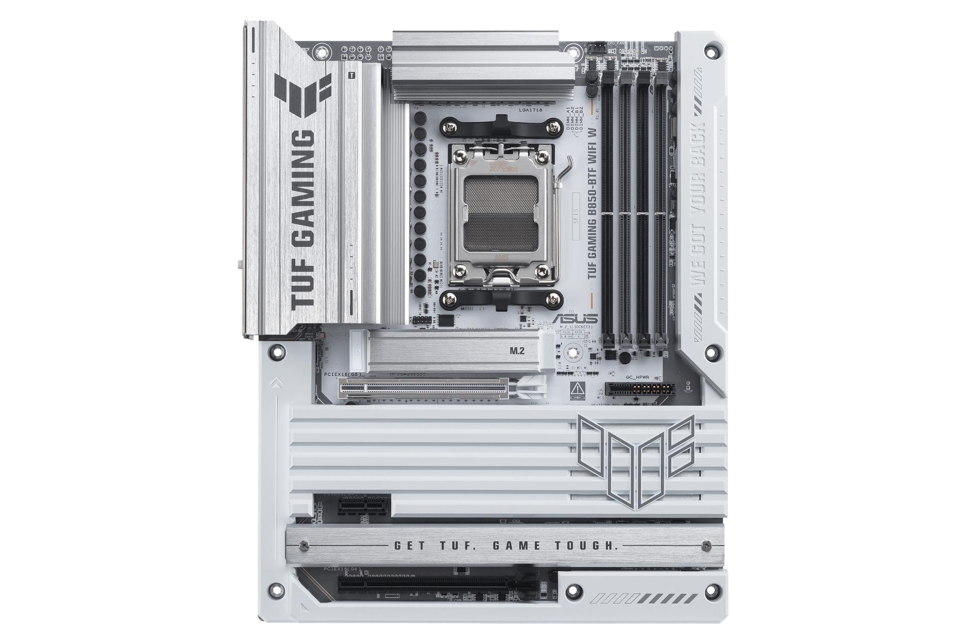 نمای جلوی مادربرد ایسوس TUF GAMING B850-BTF WIFI W با نمایش لوگو، هیت سینک و اسلات‌ها