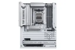 نمای جلوی مادربرد ایسوس TUF GAMING B850-BTF WIFI W با نمایش لوگو، هیت سینک و اسلات‌ها