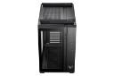 نمای روبه‌روی کیس کامپیوتر ایسوس TUF Gaming GT502 با نمایش لوگو، درگاه و دکمه‌های پنل جلو و نمایش پنل بالا رنگ مشکی
