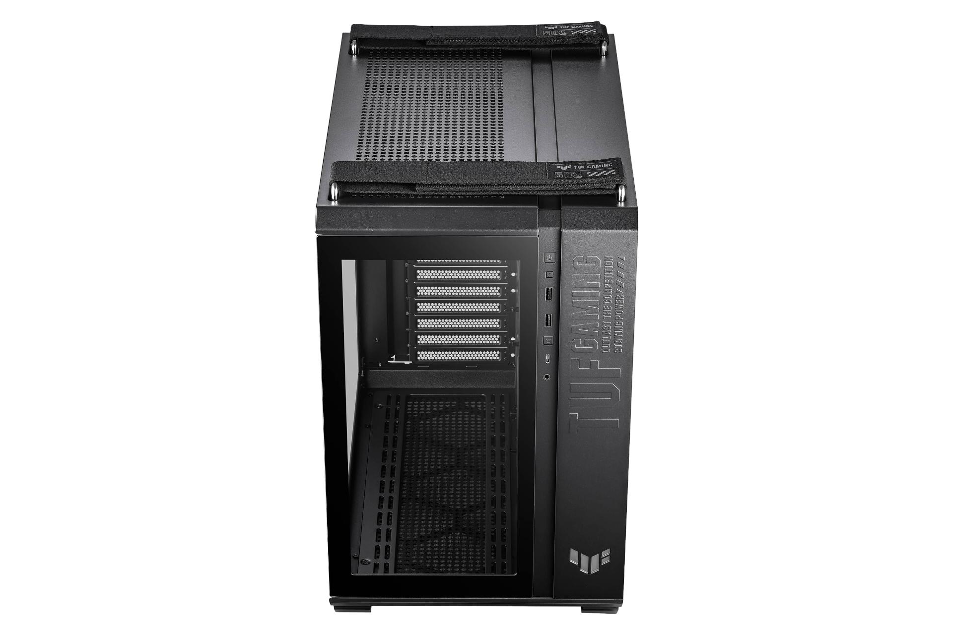 نمای روبه‌روی کیس کامپیوتر ایسوس TUF Gaming GT502 با نمایش لوگو، درگاه و دکمه‌های پنل جلو و نمایش پنل بالا رنگ مشکی