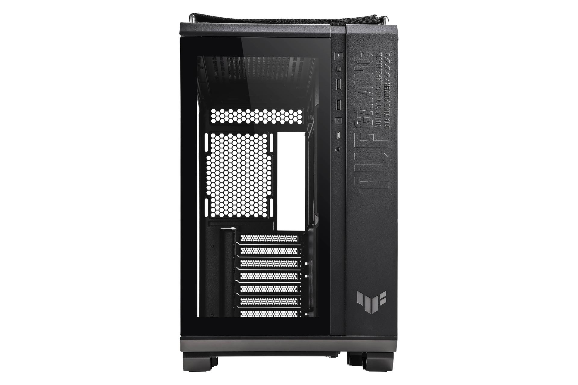 نمای روبه‌روی کیس کامپیوتر ایسوس TUF Gaming GT502 با نمایش لوگو، درگاه و دکمه‌های پنل جلو رنگ مشکی