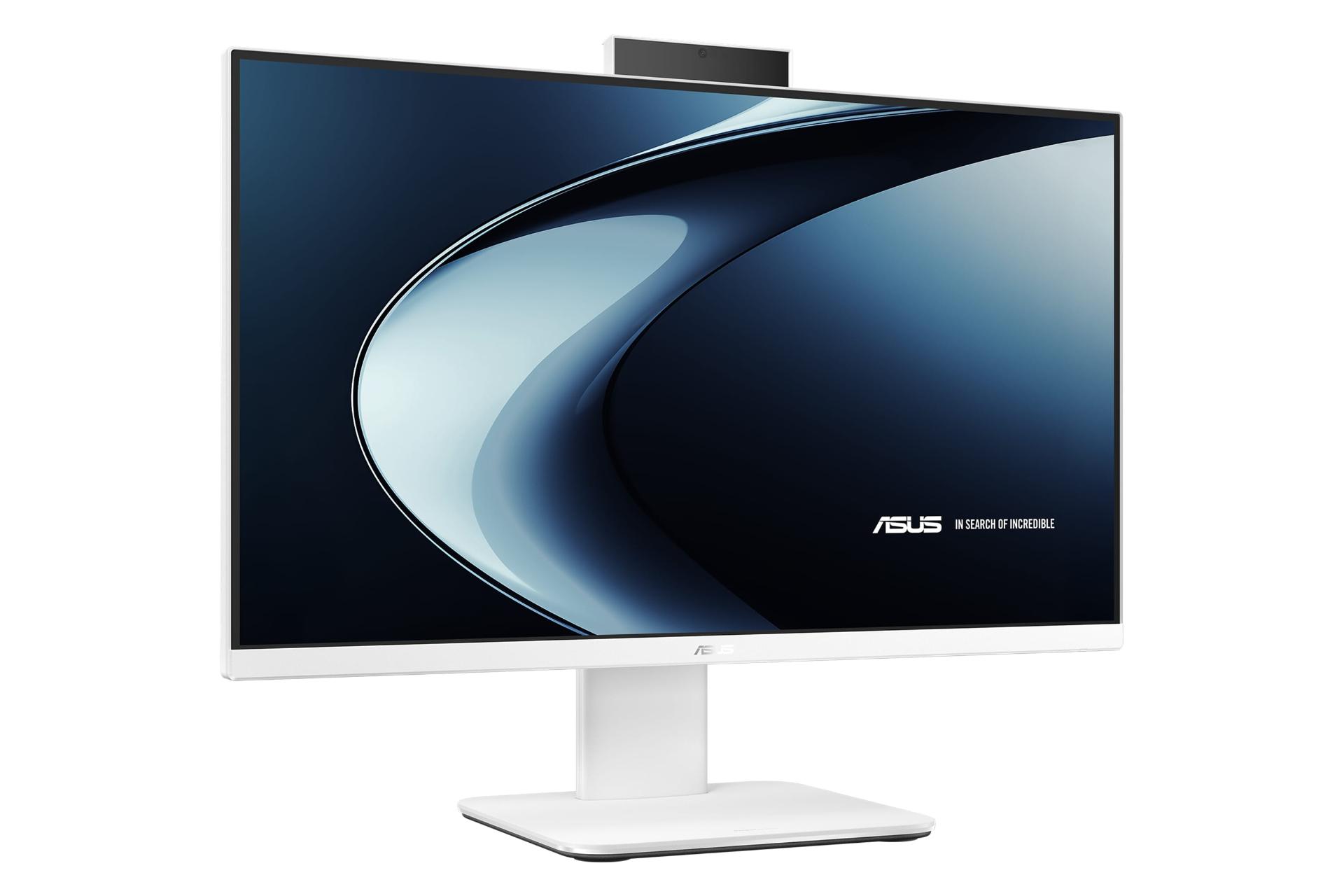 نمای سه رخ پنل جلوی کامپیوتر همه کاره V400 AiO V440VA ایسوس با نمایش وبکم و لبه سمت چپ رنگ سفید