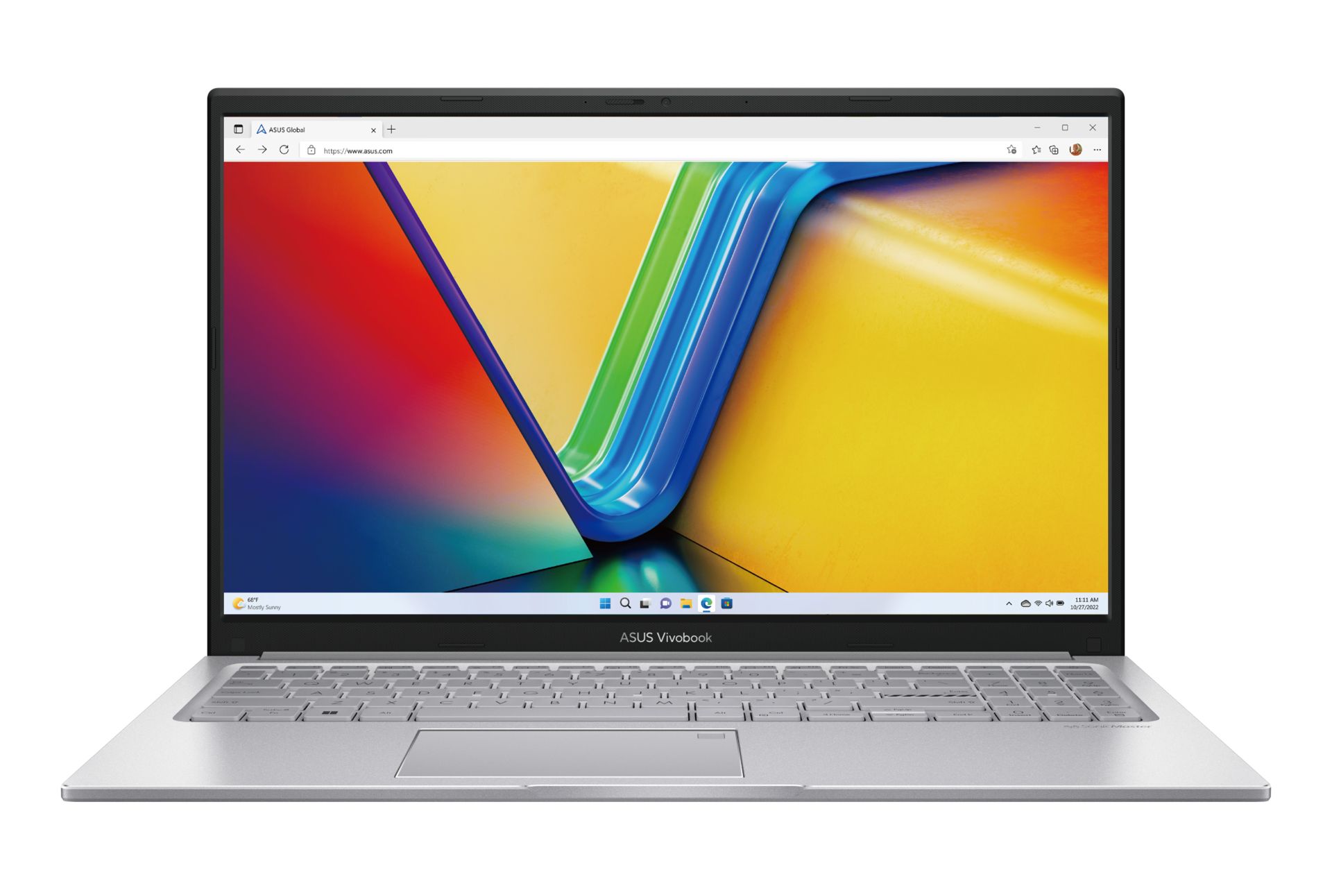 نمای رو به روی لپ تاپ Vivobook 15 F1504VAP ایسوس با نمایشگر روشن و نمایش لوگو و لبه جلو