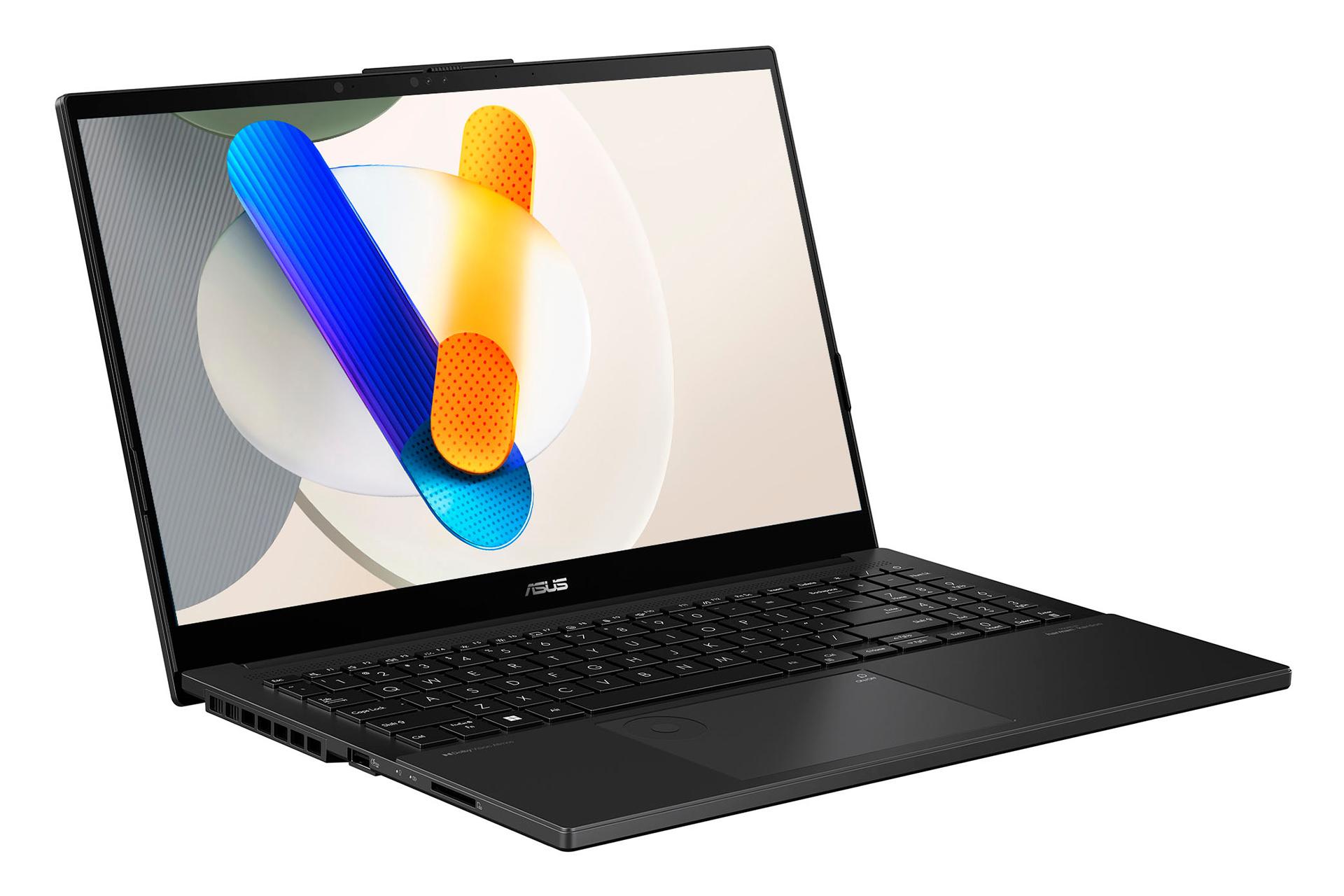 نمای نیمرخ لپ تاپ Vivobook Pro 15 OLED Q533MJ ایسوس با نمایش پنل جلو و درگاه های لبه سمت چپ