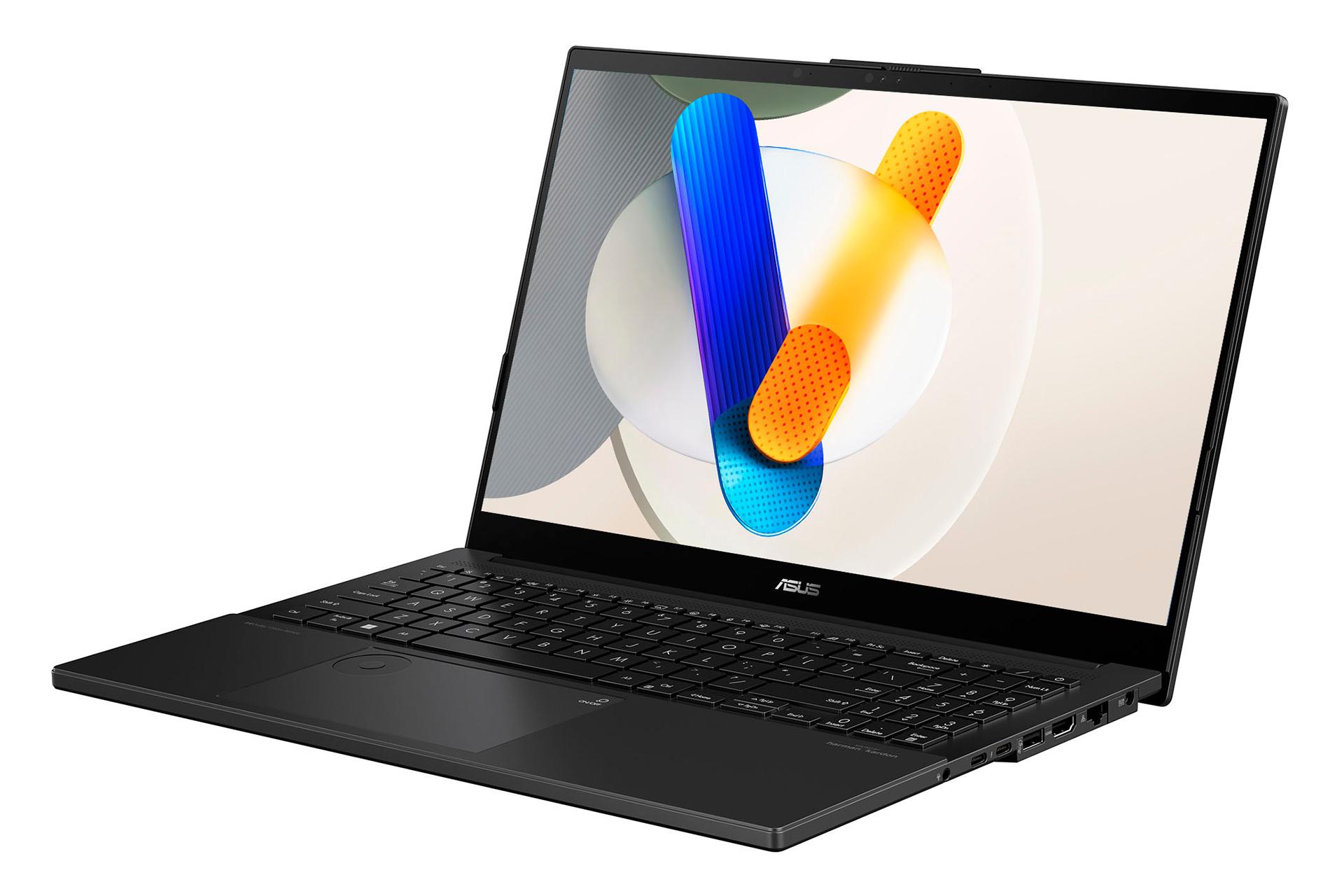 نمای نیمرخ لپ تاپ Vivobook Pro 15 OLED Q533MJ ایسوس با نمایش پنل جلو و درگاه های لبه سمت راست