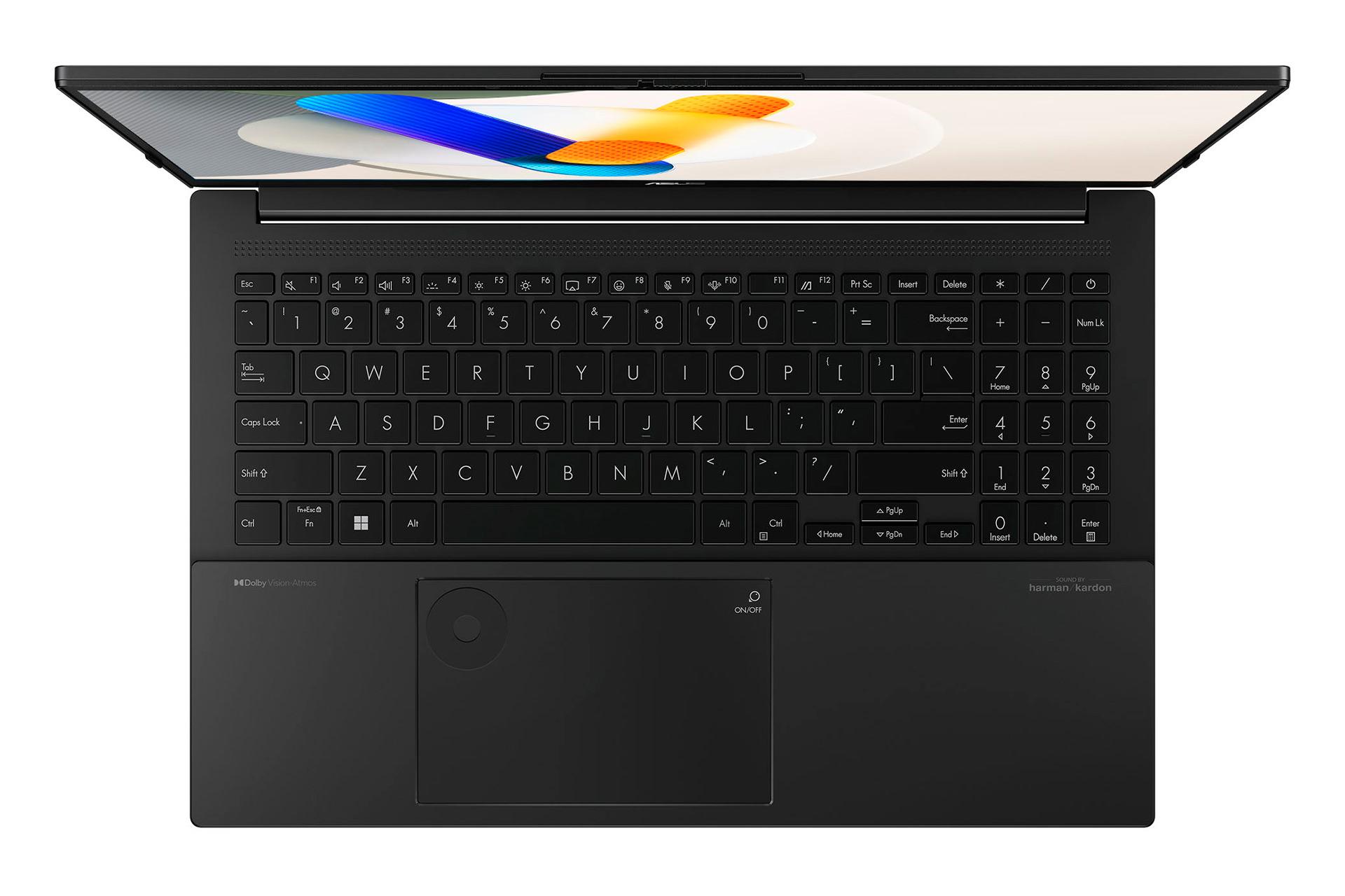 نمای بالای لپ تاپ Vivobook Pro 15 OLED Q533MJ ایسوس با نمایش ترک پد و کیبورد