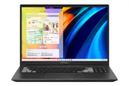 نمای جلوی لپ تاپ VivoBook Pro 16X OLED N7600ZE ایسوس با صفحه نمایش روشن و نمایش کیبورد و ترک‌پد