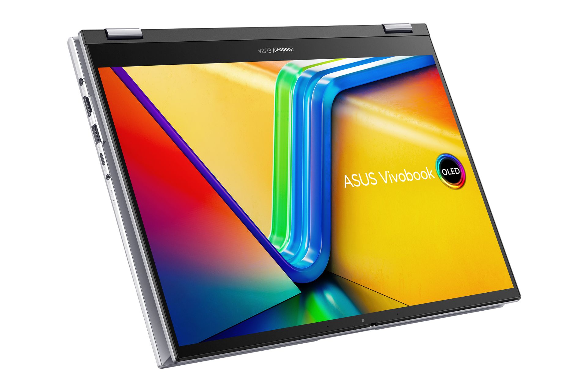 نمای روبه‌روی لپ تاپ Vivobook S 14 Flip OLED TP3402 ایسوس و نمایش حالت تبلت رنگ نقره‌ای