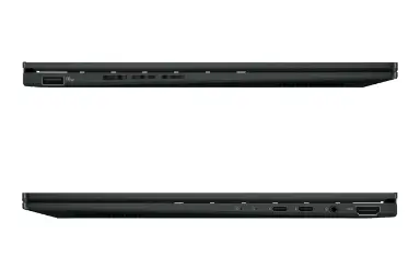 نمای لبه های کناری لپ تاپ Zenbook 14 OLED Q415MA ایسوس با نمایش درگاه ها و منافذ عبور هوای لبه های چپ و راست