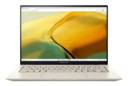 نمای روبه‌روی لپ تاپ Zenbook 14X OLED UX3404 ایسوس با صفحه نمایش روشن رنگ بژ