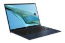 نمای نیمرخ لپ تاپ Zenbook S 13 OLED UM5302 ایسوس با صفحه نمایش روشن و نمایش درگاه‌های لبه سمت چپ رنگ آبی