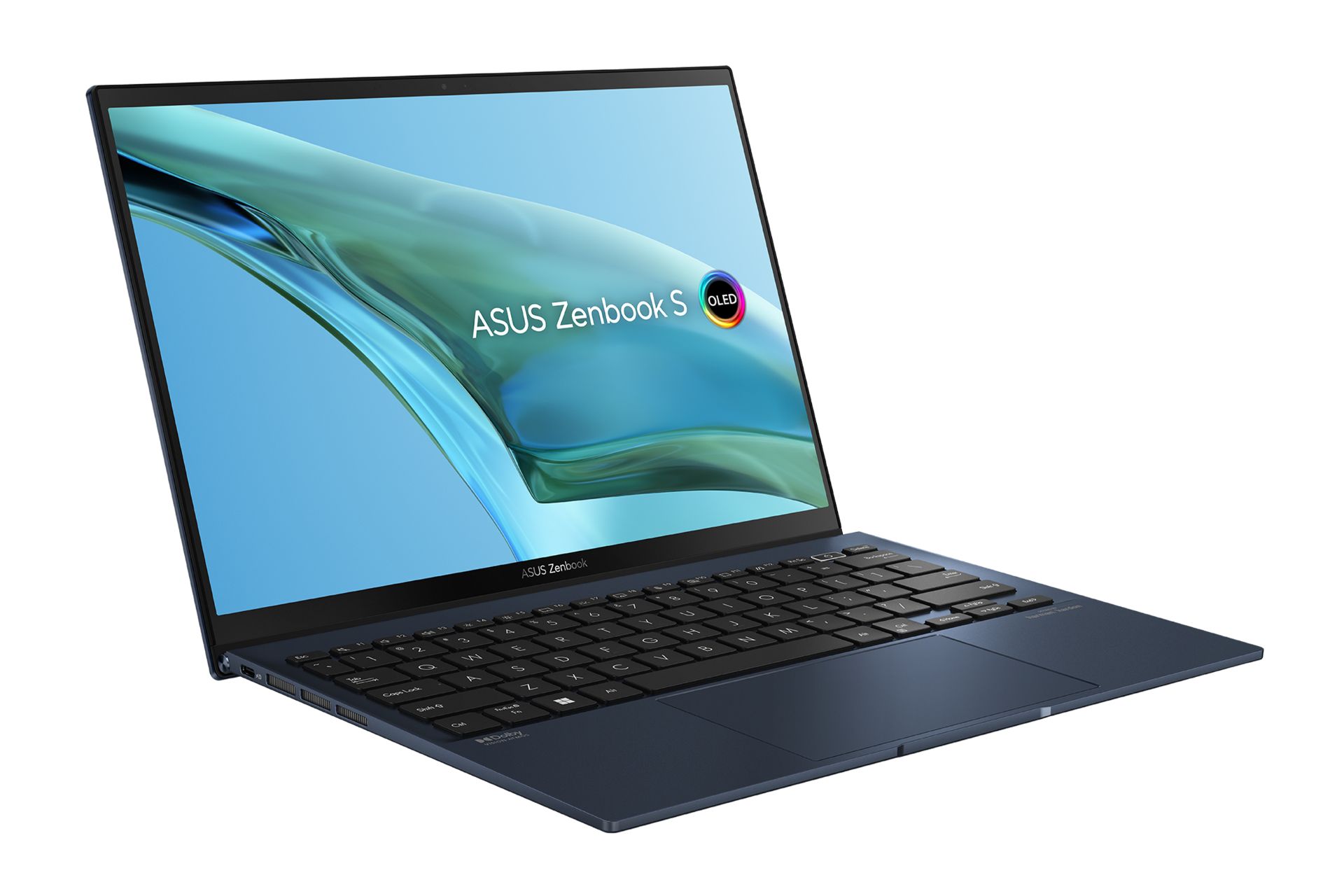 نمای نیمرخ لپ تاپ Zenbook S 13 OLED UM5302 ایسوس با صفحه نمایش روشن و نمایش درگاه‌های لبه سمت چپ رنگ آبی