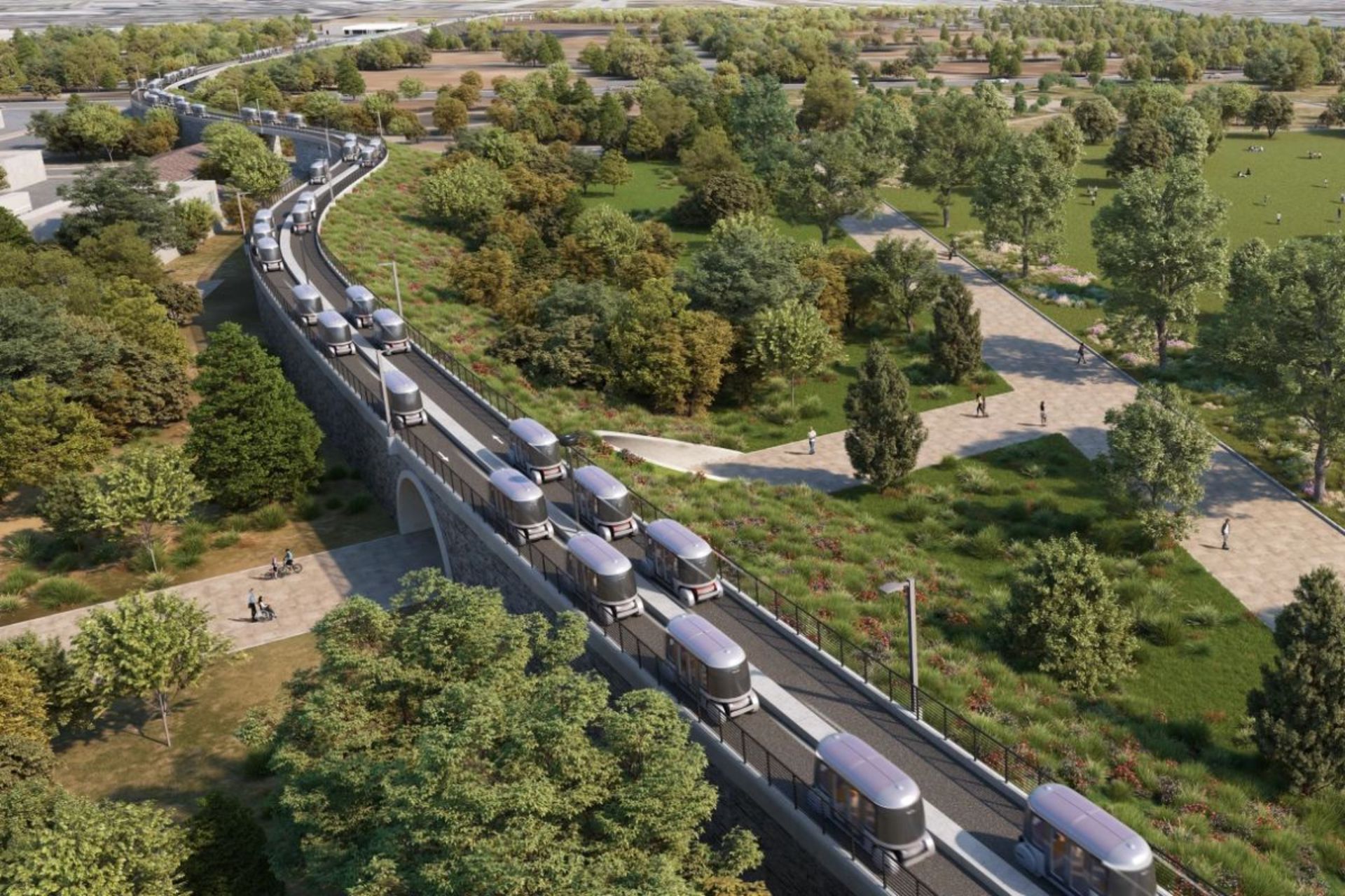 پادهای برقی و کوچک گلایدویز، نخستین شبکه ترانزیت خودکار و عمومی در جهان، در مسیرهای اختصاصی در شهر آتلانتا.