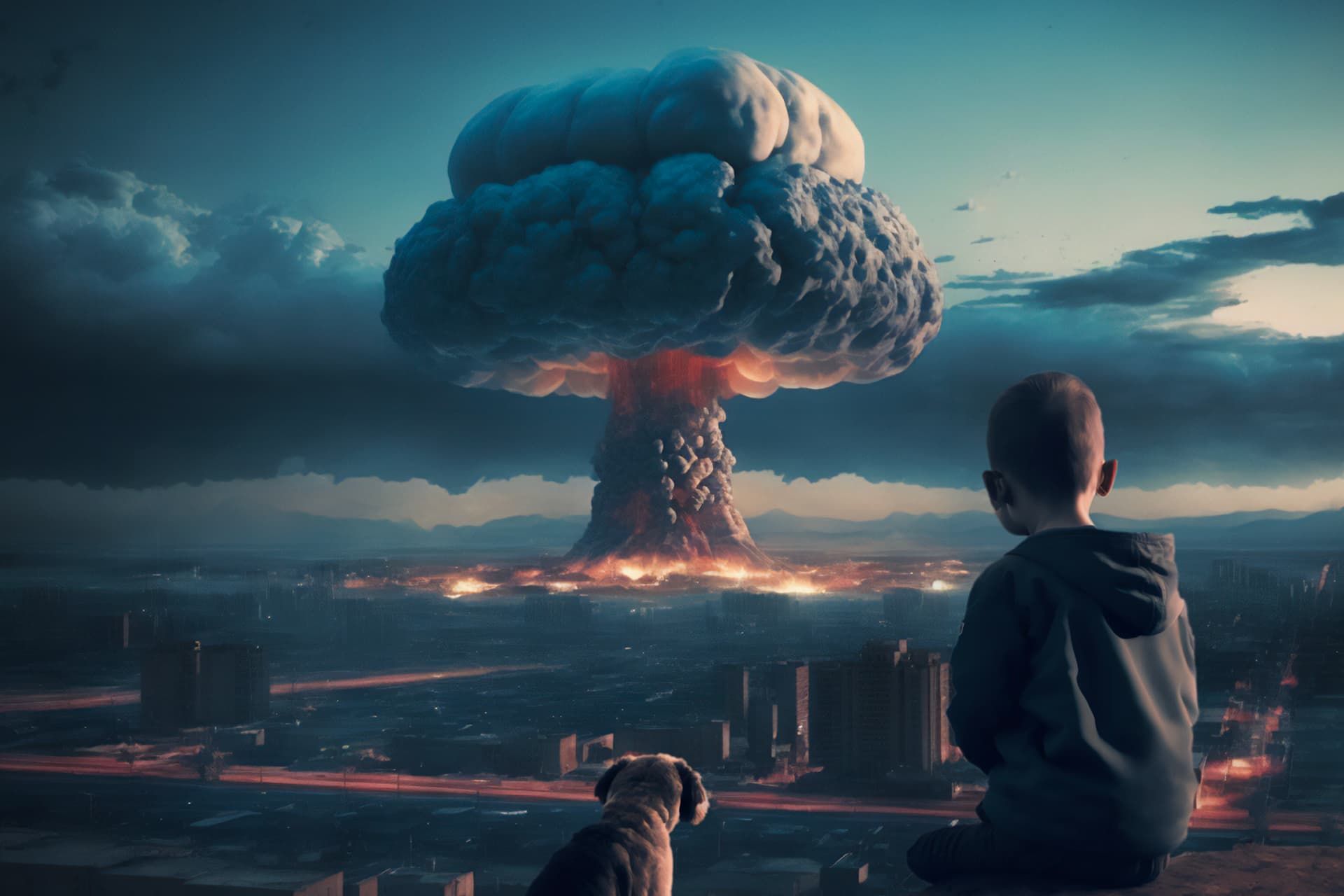 یک کودک در حال تماشای انفجار بمب اتمی طرح گرافیکی
