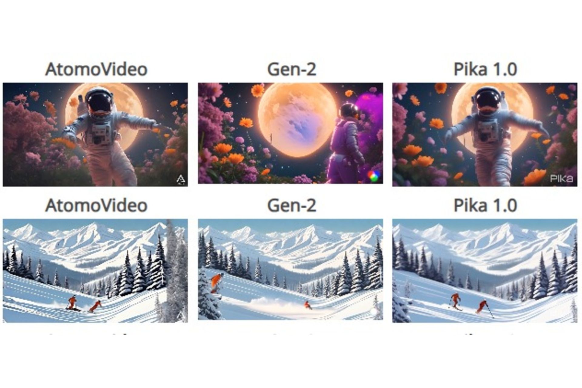 مقایسه تصاویر ساخته شده توسط هوش مصنوعی‌های AtomoVideo با Pika و Gen-2