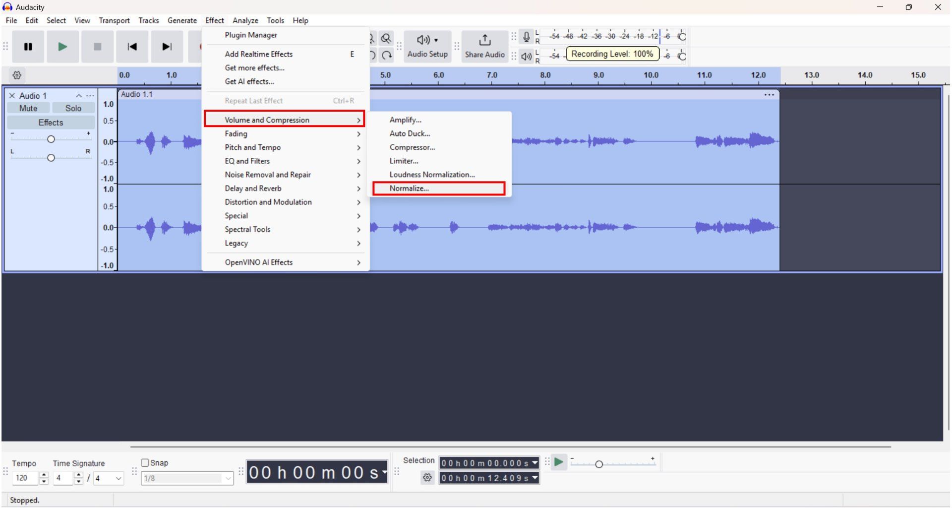 اعمال افکت Normalize روی صدا در Audacity