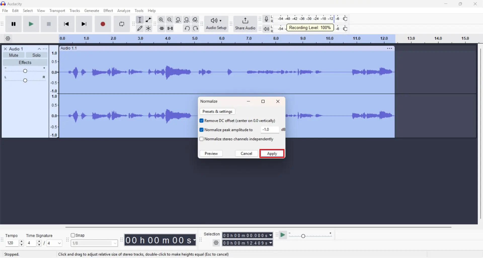 اعمال افکت Normalize روی صدا در Audacity