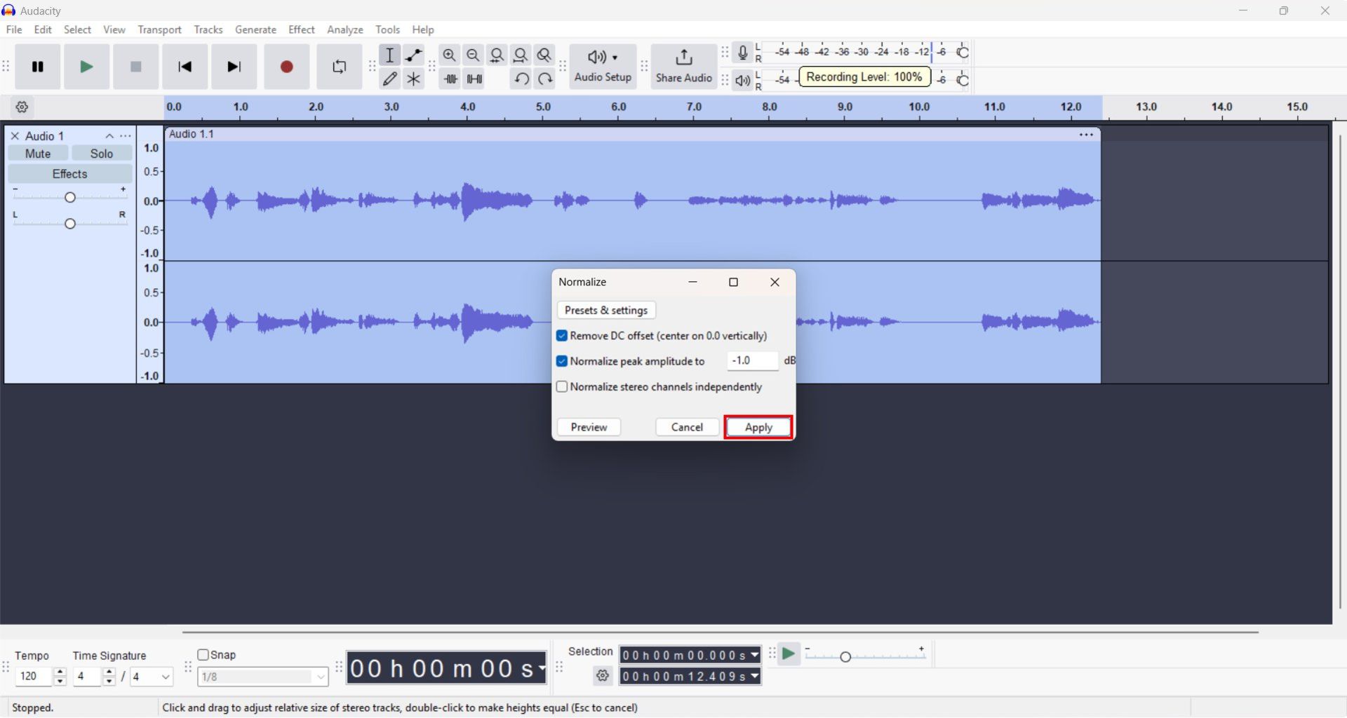 اعمال افکت Normalize روی صدا در Audacity