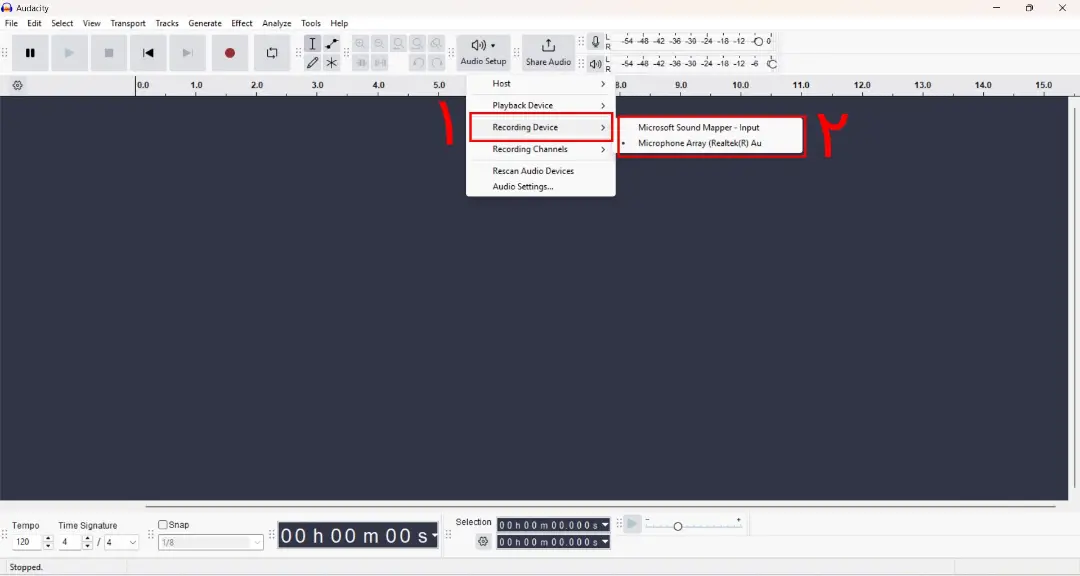 انتخاب میکروفون ورودی صدا در Audacity