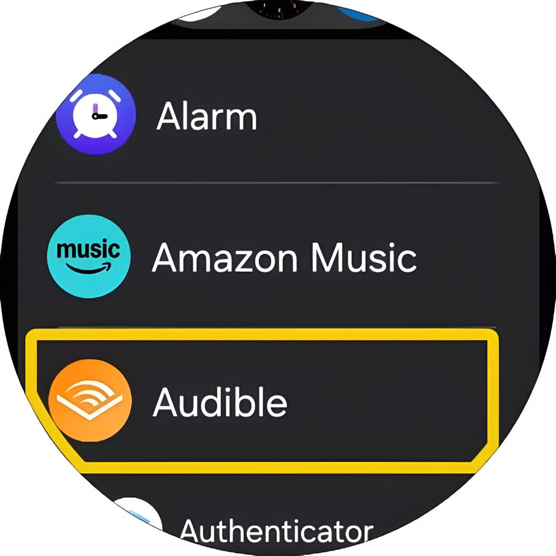 نمای اپلیکیشن Audible (Audible) در فهرست برنامههای ساعت هوشمند سامسونگ